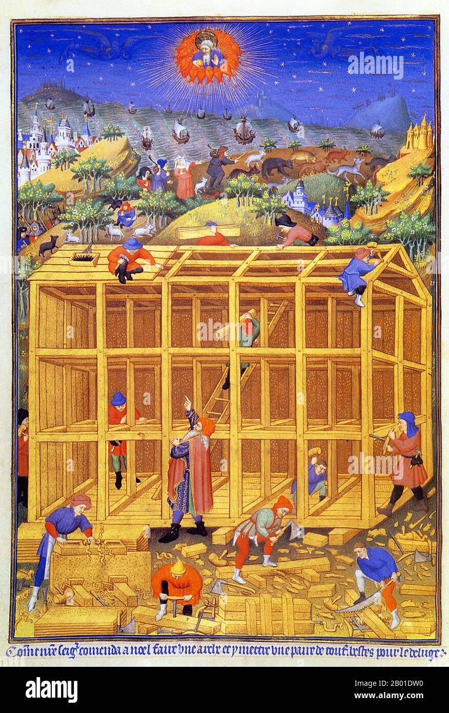 Francia: Noè che sovrintende alla costruzione dell'arca con la benedizione di Dio dall'alto. Dipinto in miniatura delle ore di Bedford, del maestro di Bedford (fl. 15th° secolo), c. 1423. Il Bedford Master fu un illuminatore manoscritto attivo a Parigi nel XV secolo. Prende il nome per il lavoro che ha svolto su due libri illustrati per John of Lancaster, 1st Duca di Bedford tra il 1415 e il 1435. Uno è il Bedford Hours, un libro di ore, nella British Library. Noè (o Noè, Noach) era, secondo la Bibbia ebraica, il decimo e ultimo dei Patriarchi antediluviani. Foto Stock