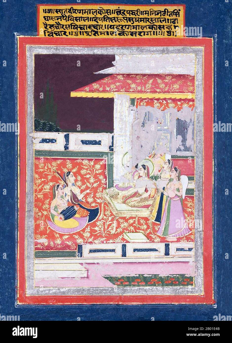 India: Un principe Rajput e la principessa sono intrattenuti da musicisti femminili. Pittura in miniatura, Rajasthan, 19th ° secolo. La pittura di Rajput, anche conosciuta come pittura di Rajasthani, è uno stile della pittura indiana, che si è evoluta e fiorita durante il 18th secolo nelle corti reali di Rajputana, India, che fluisce dallo stile della pittura di Mughal, che a sua volta ha derivato dalla miniatura persiana. Ogni regno di Rajput ha sviluppato uno stile distinto, ma con determinate caratteristiche comuni. I dipinti di Rajput rappresentano un certo numero di temi, tra cui eventi di epiche come il Ramayana e il Mahabharata. Foto Stock