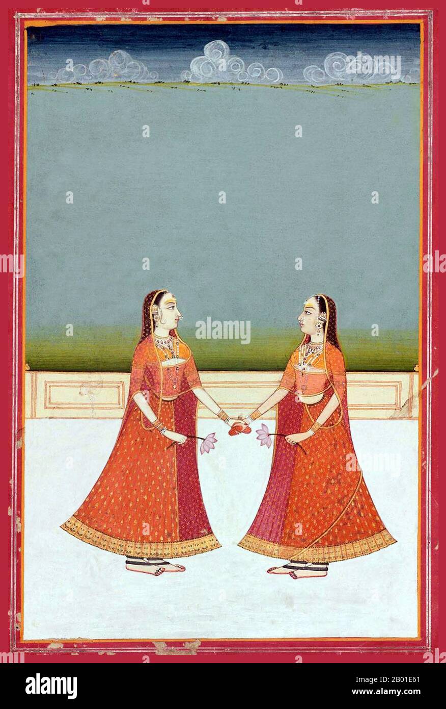 India: Due ragazze in piedi su una terrazza, stringendo le mani e tenendo fiori di loto. Rajput pittura in miniatura, inizio 19th ° secolo. La pittura di Rajput, anche conosciuta come pittura di Rajasthani, è uno stile della pittura indiana, sviluppato e fiorito durante il 18th secolo nelle corti reali di Rajputana, India, che fluisce dallo stile della pittura di Mughal, esso stesso derivato dalla miniatura persiana. Ogni regno di Rajput ha sviluppato uno stile distinto, ma con determinate caratteristiche comuni. I dipinti di Rajput rappresentano un certo numero di temi, tra cui eventi di epiche come il Ramayana e il Mahabharata. Foto Stock