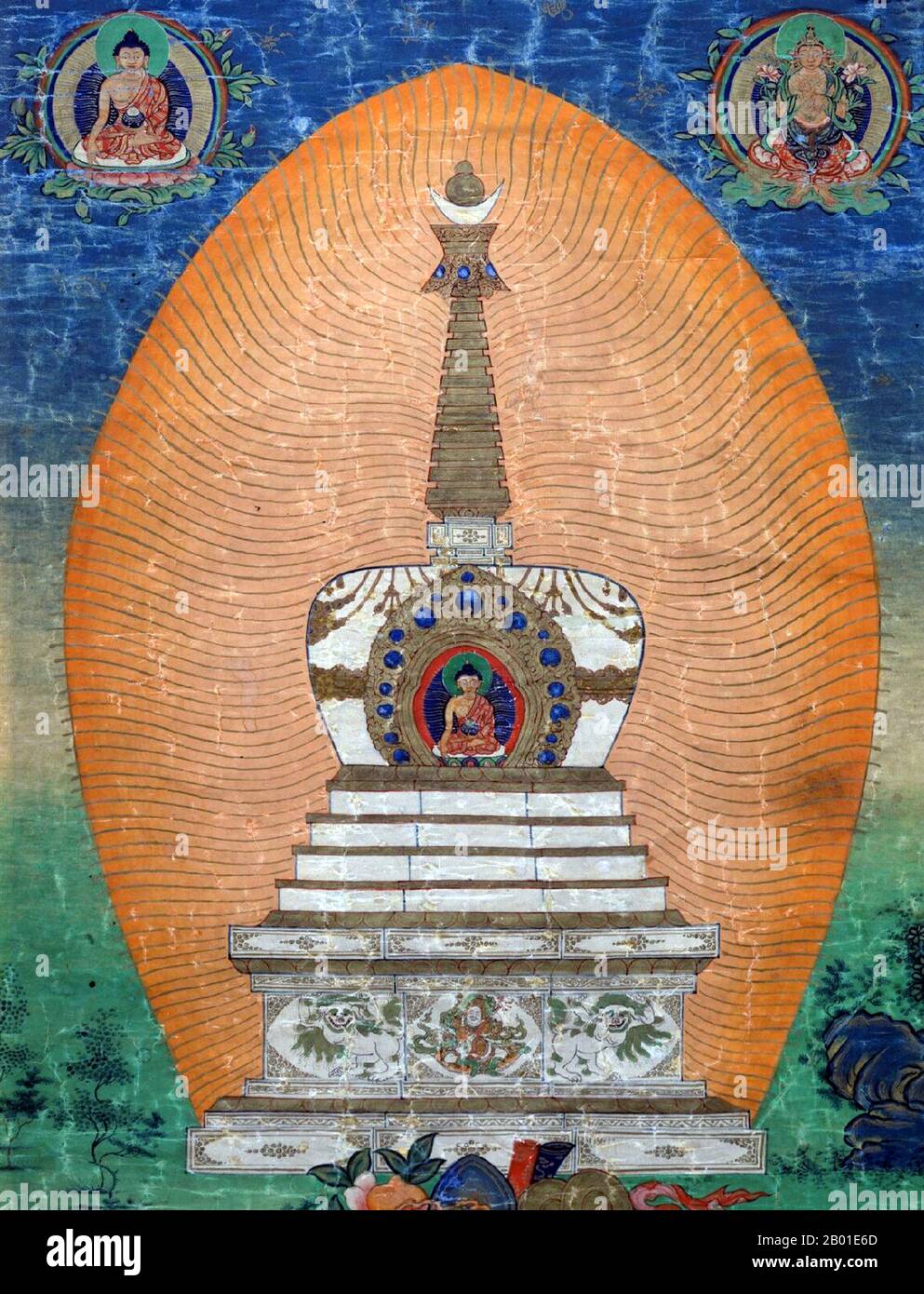 Cina/Tibet: Dipinto di Thangka di un coro buddista o stupa, Kham, 18th ° secolo. Uno stupa (sanscrito: stūpa, Pāli: thūpa, che significa letteralmente 'heap') è una struttura simile a un tumulo contenente reliquie buddiste, tipicamente i resti di Buddha, utilizzati dai buddisti come luogo di culto. Il termine 'chorten' è usato per uno stupa nel buddismo tibetano, in particolare in Tibet, Bhutan, Sikkim, parti del Nepal e Mongolia. Gli stupa sono un'antica forma di mandala. Foto Stock