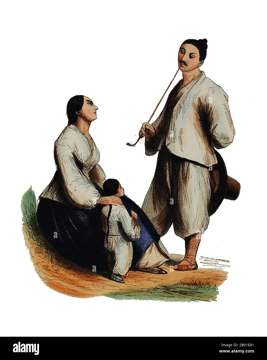 Giappone: 'Un pescatore e la sua famiglia'. Incisione colorata a mano di Edouard Vermoccken (1 novembre 1820 - 23 novembre 1906), c. 1843-1844. Incisione colorata a mano da 'Moeurs, Usages, et Costumes de tous les Peuples de Monde, d'apres des Documents AUTHENTIQUES et les Voyages les Plus Rents', di Auguste Wahlen (1785-1850). Foto Stock