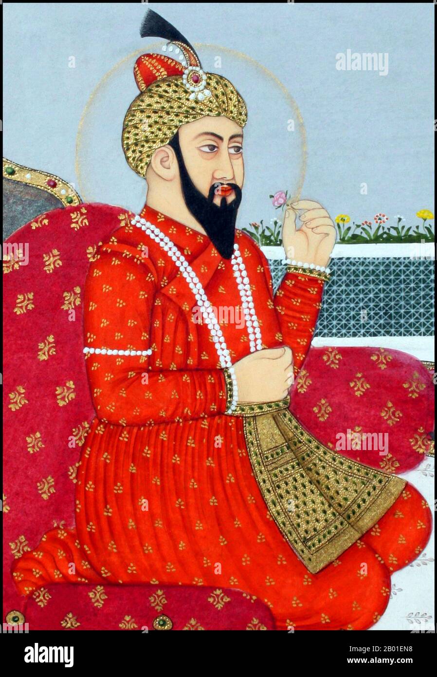 India: Zahir ud-din Muhammad Babur (14 febbraio 1483 - 26 dicembre 1530), primo imperatore Mughal. Pittura gouache acquerello, fine 18th ° secolo. Zahir ud-din Muhammad Babur era un conquistatore musulmano dell'Asia centrale che, dopo una serie di battute d'arresto, riuscì finalmente a gettare le basi della dinastia Mughal dell'Asia meridionale. Era un discendente diretto di Timur attraverso suo padre, e un discendente anche di Genghis Khan attraverso sua madre. Babur identificò il suo lignaggio come Timurid e Chaghatay-Turkic, mentre la sua origine, il suo ambiente, la sua formazione e la sua cultura erano immersi nella cultura persiana. Foto Stock