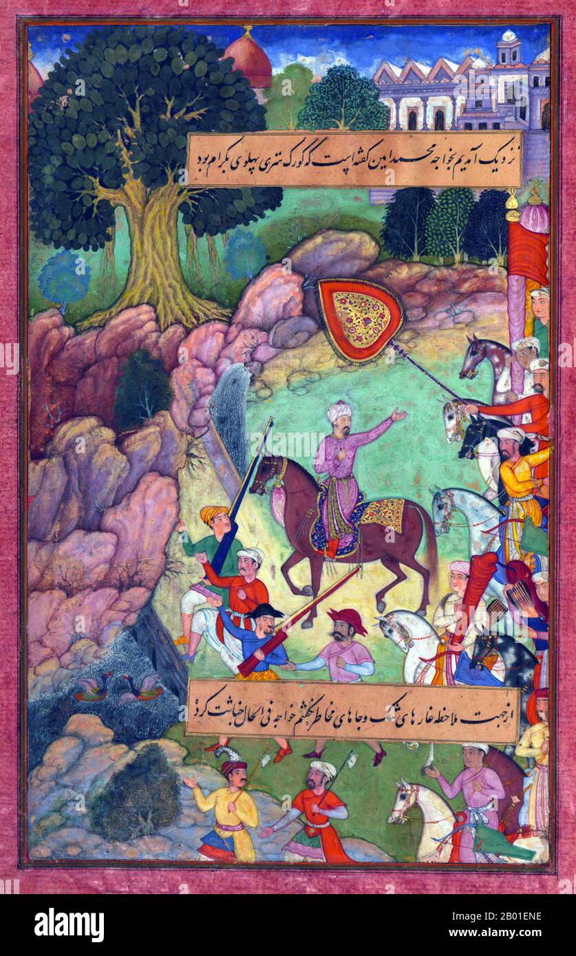 India: Sulla loro strada per Hindustan, Babur e i suoi uomini si fermano per la notte prima di attraversare il fiume Indus. Dipinto in miniatura del Baburnama, fine 16th ° secolo. Bāburnāma (letteralmente: 'Libro di Babur' o 'lettere di Babur'; altrimenti conosciuto come Tuzk-e Babri) è il nome dato alle memorie di Ẓahīr ud-Dīn Muḥammad Bābur (1483-1530), fondatore dell'Impero Mughal e bisnonno di Timur. Si tratta di un'opera autobiografica, originariamente scritta in lingua Chagatai, nota a Babur come 'Turki' (che significa Turkic), la lingua parlata degli Andijan-Timuridi. Foto Stock