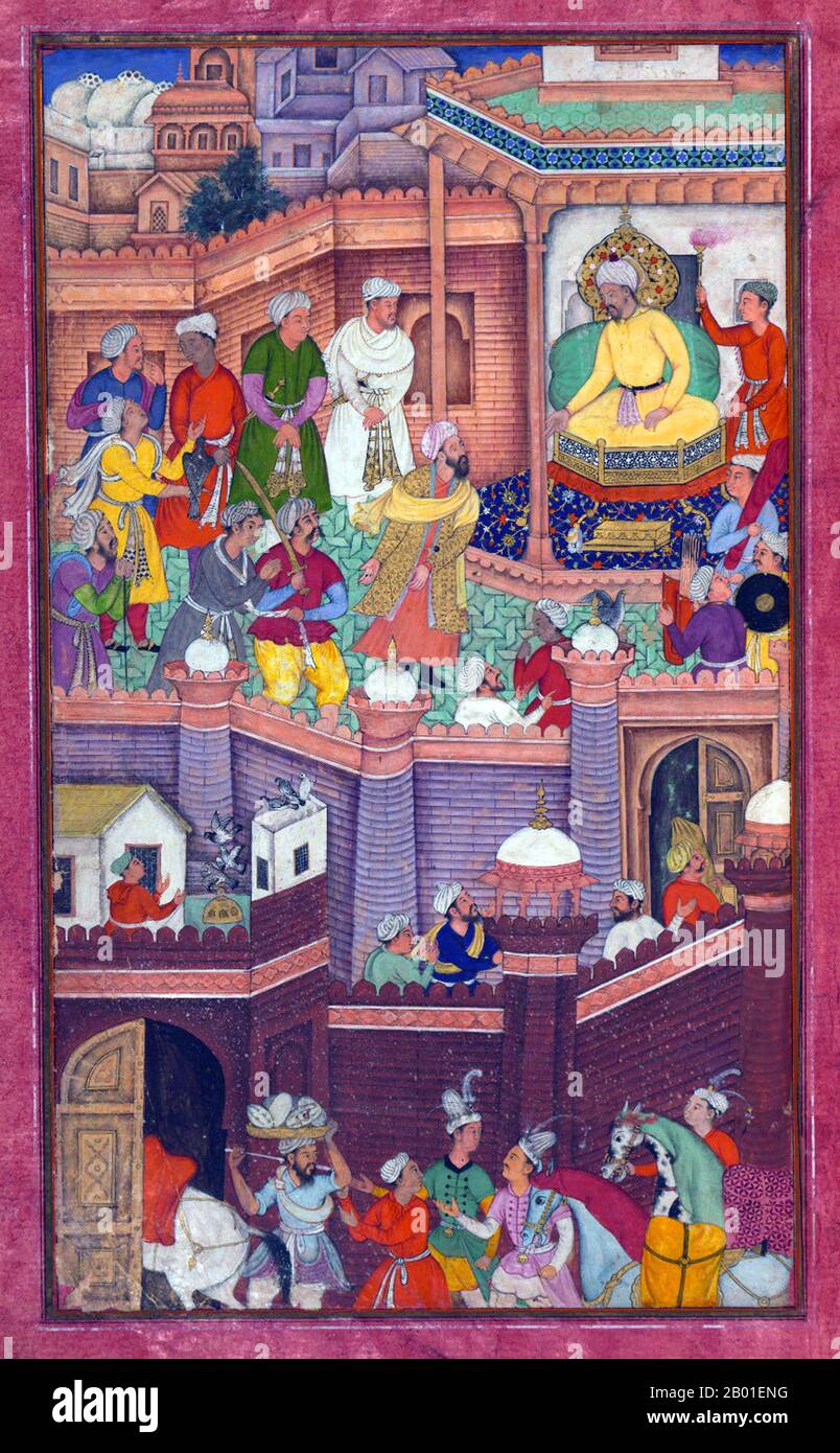 India: Nonostante il suo tradimento, Muḥammad Ḥusaym Mīrzā, un parente di Babur, viene rilasciato e inviato a Khurāsān. Dipinto in miniatura del Baburnama, fine 16th ° secolo. Bāburnāma (letteralmente: 'Libro di Babur' o 'lettere di Babur'; altrimenti conosciuto come Tuzk-e Babri) è il nome dato alle memorie di Ẓahīr ud-Dīn Muḥammad Bābur (1483-1530), fondatore dell'Impero Mughal e bisnonno di Timur. Si tratta di un'opera autobiografica, originariamente scritta in lingua Chagatai, nota a Babur come 'Turki' (che significa Turkic), la lingua parlata degli Andijan-Timuridi. Foto Stock