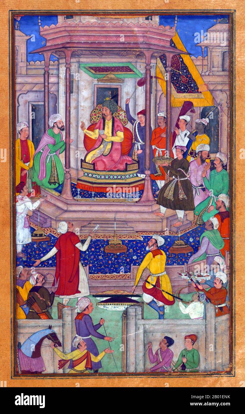 India: Babur è intrattenuto a Ghazni da Jahangir Mirza. Dipinto in miniatura del Baburnama, fine 16th ° secolo. Bāburnāma (letteralmente: 'Libro di Babur' o 'lettere di Babur'; altrimenti conosciuto come Tuzk-e Babri) è il nome dato alle memorie di Ẓahīr ud-Dīn Muḥammad Bābur, fondatore dell'Impero Mughal e bisnonno di Timur. Si tratta di un'opera autobiografica, originariamente scritta in lingua Chagatai, nota a Babur come 'Turki' (che significa Turkic), la lingua parlata degli Andijan-Timuridi. Foto Stock