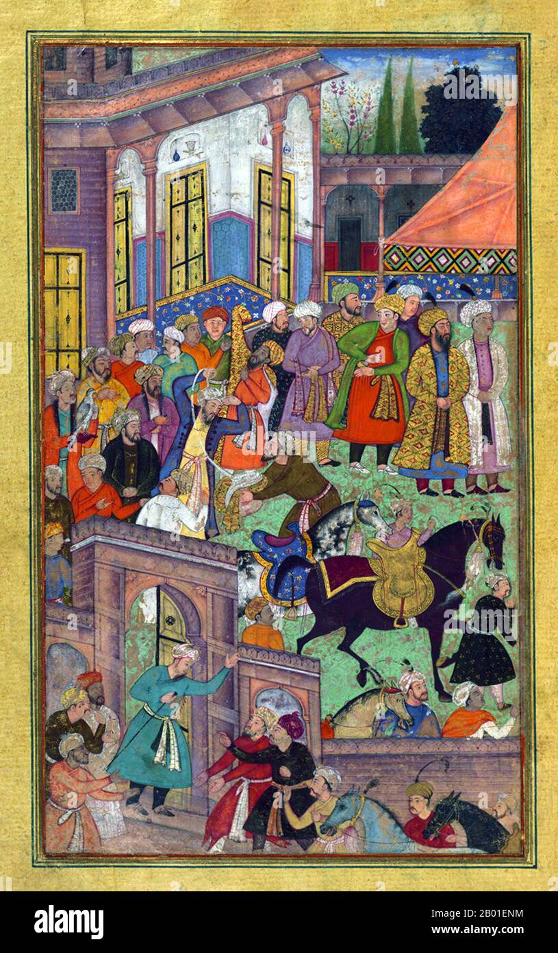 India: Cerimonia di premiazione nella corte del sultano Ibrāhīm prima di essere inviato in spedizione a Sambhal. Pittura in miniatura forma il Baburnama, fine 16th ° secolo. Bāburnāma (letteralmente: 'Libro di Babur' o 'lettere di Babur'; altrimenti conosciuto come Tuzk-e Babri) è il nome dato alle memorie di Ẓahīr ud-Dīn Muḥammad Bābur (1483-1530), fondatore dell'Impero Mughal e bisnonno di Timur. Si tratta di un'opera autobiografica, originariamente scritta in lingua Chagatai, nota a Babur come 'Turki' (che significa Turkic), la lingua parlata degli Andijan-Timuridi. Foto Stock