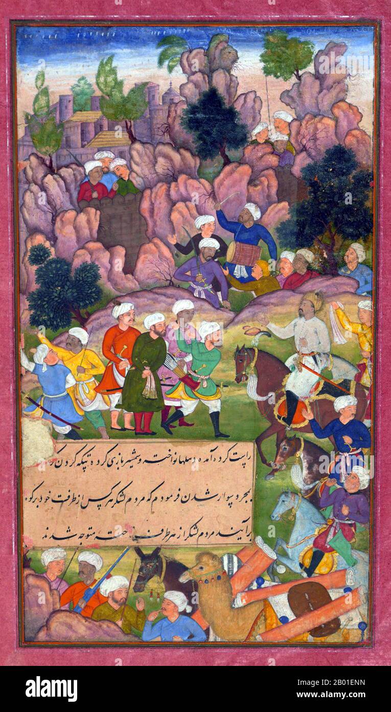 India: Zahir ud-din Muhammad Babur (1483-1530), il primo imperatore Mughal, battaglia con afghani al passo di Jīkdālīk (Jagdalak). Dipinto in miniatura del Baburnama, fine 16th ° secolo. Bāburnāma (letteralmente: 'Libro di Babur' o 'lettere di Babur'; altrimenti conosciuto come Tuzk-e Babri) è il nome dato alle memorie di Ẓahīr ud-Dīn Muḥammad Bābur, fondatore dell'Impero Mughal e bisnonno di Timur. Si tratta di un'opera autobiografica, originariamente scritta in lingua Chagatai, nota a Babur come 'Turki' (che significa Turkic), la lingua parlata degli Andijan-Timuridi. Foto Stock