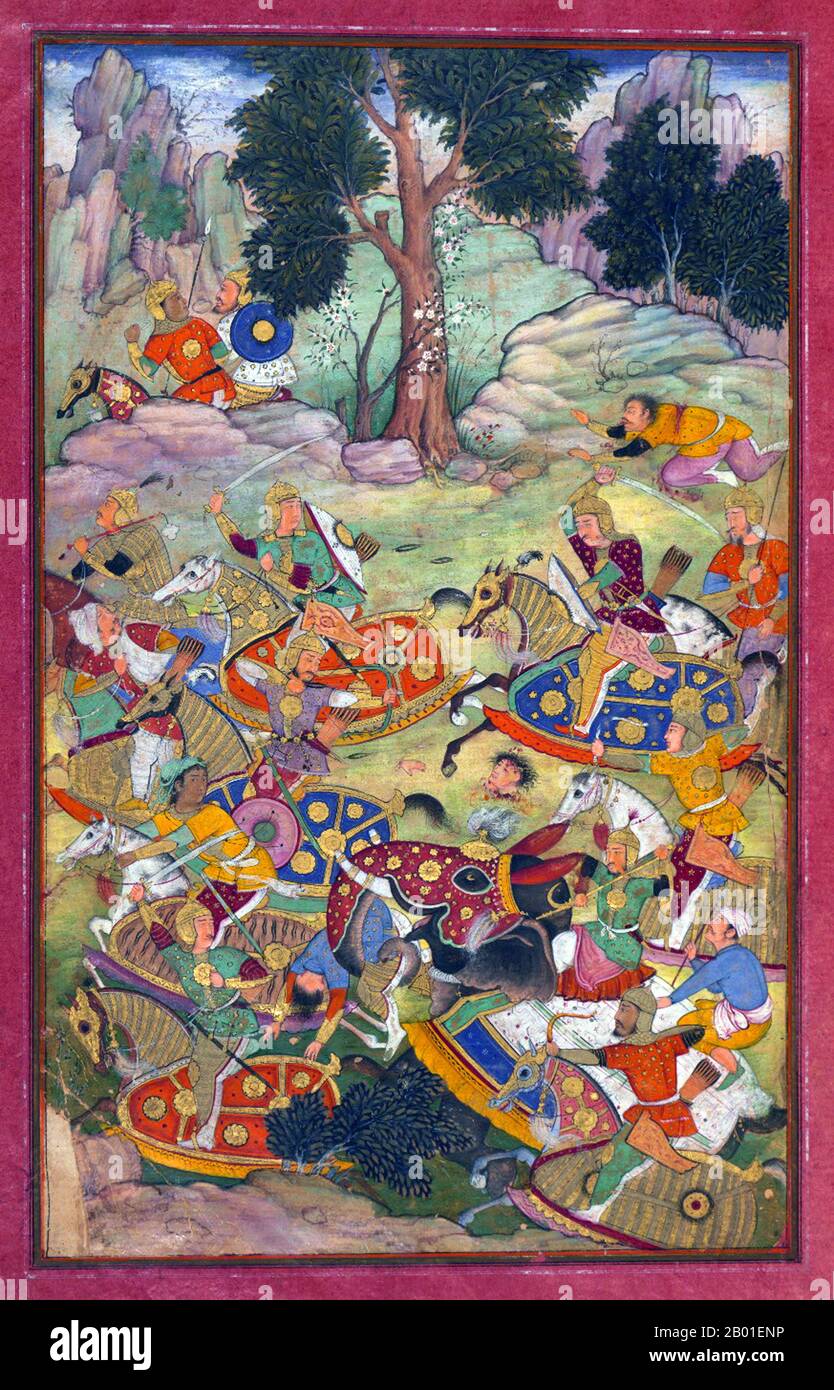 India: Zahir ud-din Muhammad Babur (1483-1530), il primo imperatore Mughal, sconfigge il sultano Ibrāhīm, l'ultimo dei Lōdī sultani di Delhi, nella battaglia di Panipat. Dipinto in miniatura del Baburnama, fine 16th ° secolo. Bāburnāma (letteralmente: 'Libro di Babur' o 'lettere di Babur'; altrimenti conosciuto come Tuzk-e Babri) è il nome dato alle memorie di Ẓahīr ud-Dīn Muḥammad Bābur, fondatore dell'Impero Mughal e bisnonno di Timur. Si tratta di un'opera autobiografica, originariamente scritta in lingua Chagatai, nota a Babur come 'Turki' (che significa turco). Foto Stock