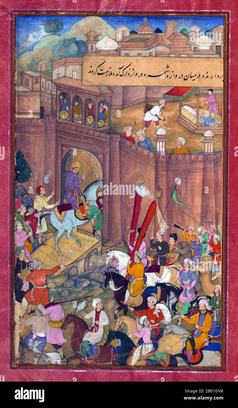 India: Zahir ud-din Muhammad Babur (1483-1530) il primo imperatore Mughal, è accolto a Kabul da Qāsim Beg, la città qadi, insieme alla sua retinue. Dipinto in miniatura del Baburnama, fine 16th ° secolo. Bāburnāma (letteralmente: 'Libro di Babur' o 'lettere di Babur'; altrimenti conosciuto come Tuzk-e Babri) è il nome dato alle memorie di Ẓahīr ud-Dīn Muḥammad Bābur, fondatore dell'Impero Mughal e bisnonno di Timur. Si tratta di un'opera autobiografica, originariamente scritta in lingua Chagatai, nota a Babur come 'Turki' (che significa turco). Foto Stock