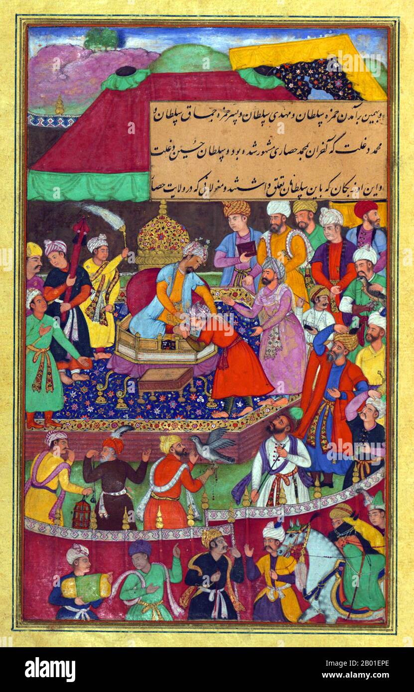 India: Zahir ud-din Muhammad Babur (1483-1530), il primo imperatore Mughal, riceve omaggio da Ḥamzah Sulṭān, Mahdī Sulṭan e Mamāq Sulṭān. Dipinto in miniatura del Baburnama, fine 16th ° secolo. Bāburnāma (letteralmente: 'Libro di Babur' o 'lettere di Babur'; altrimenti conosciuto come Tuzk-e Babri) è il nome dato alle memorie di Ẓahīr ud-Dīn Muḥammad Bābur, fondatore dell'Impero Mughal e bisnonno di Timur. Si tratta di un'opera autobiografica, originariamente scritta in lingua Chagatai, nota a Babur come 'Turki' (che significa Turkic), la lingua parlata degli Andijan-Timuridi. Foto Stock