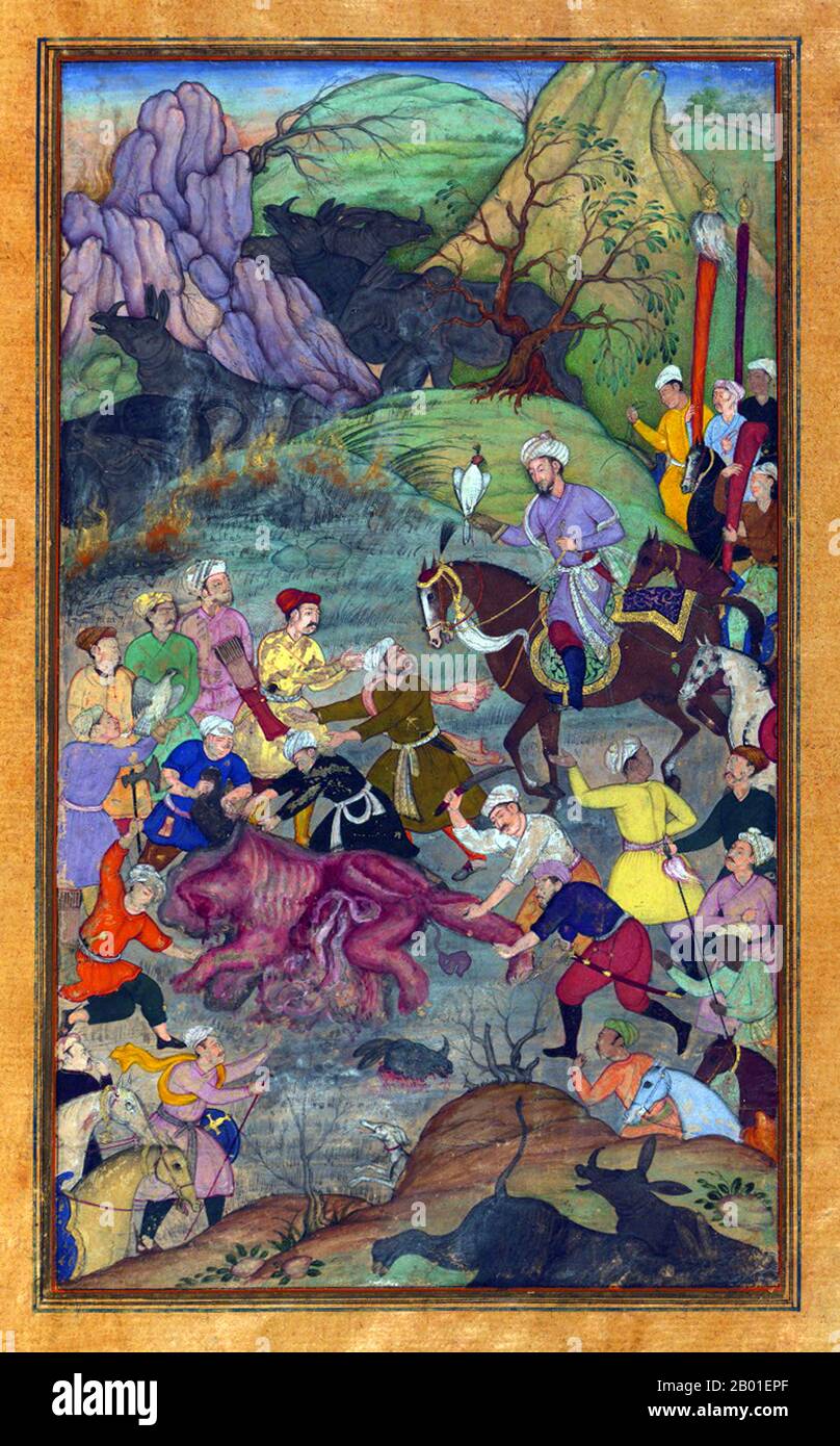 India: Zahir ud-din Muhammad Babur (1483-1530) il primo imperatore Mughal, a caccia di rinoceronti a Swat. Dipinto in miniatura del Baburnama, fine 16th ° secolo. Bāburnāma (letteralmente: 'Libro di Babur' o 'lettere di Babur'; altrimenti conosciuto come Tuzk-e Babri) è il nome dato alle memorie di Ẓahīr ud-Dīn Muḥammad Bābur, fondatore dell'Impero Mughal e bisnonno di Timur. Si tratta di un'opera autobiografica, originariamente scritta in lingua Chagatai, nota a Babur come 'Turki' (che significa Turkic), la lingua parlata degli Andijan-Timuridi. Foto Stock
