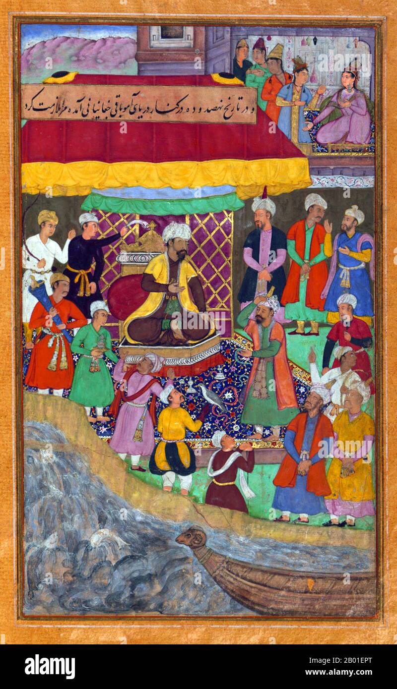 India: Bāqī Chaghānyānī rende omaggio a Babur, vicino al fiume Oxus (Āmū Daryā), nel 910 AH/1504 CE. Dipinto in miniatura del Baburnama, fine 16th ° secolo. Bāburnāma (letteralmente: 'Libro di Babur' o 'lettere di Babur'; altrimenti conosciuto come Tuzk-e Babri) è il nome dato alle memorie di Ẓahīr ud-Dīn Muḥammad Bābur (1483-1530), fondatore dell'Impero Mughal e bisnonno di Timur. Si tratta di un'opera autobiografica, originariamente scritta in lingua Chagatai, nota a Babur come 'Turki' (che significa Turkic), la lingua parlata degli Andijan-Timuridi. Foto Stock