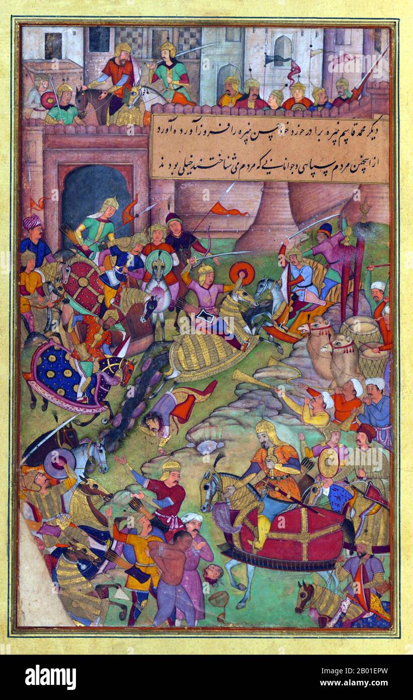 India: Zahir ud-din Muhammad Babur (1483-1530), il primo imperatore Mughal, cattura la città di Samarcanda. Dipinto in miniatura del Baburnama, fine 16th ° secolo. Bāburnāma (letteralmente: 'Libro di Babur' o 'lettere di Babur'; altrimenti conosciuto come Tuzk-e Babri) è il nome dato alle memorie di Ẓahīr ud-Dīn Muḥammad Bābur, fondatore dell'Impero Mughal e bisnonno di Timur. Si tratta di un'opera autobiografica, originariamente scritta in lingua Chagatai, nota a Babur come 'Turki' (che significa Turkic), la lingua parlata degli Andijan-Timuridi. Foto Stock