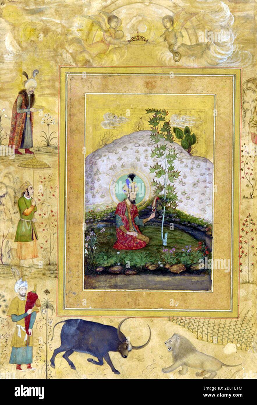 India: Nasir ud-din Muhammad Humayun (7 marzo 1508 - 22 febbraio 1556), 2nd imperatore Mughal, seduto in un giardino del palazzo. Dipinto in miniatura dall'album Shah Jahan di Payag (fl. 1591-1658), 1650. Humayun (titolo completo: Al-Sultan al-'Azam wal Khaqan al-Mukarram, Jam-i-Sultanat-i-haqiqi wa Majazi, Sayyid al-Salatin, Abu'l Muzaffar Nasir ud-din Muhammad Humayun Padshah Ghazi, Zillu'llah) era l'imperatore del nord, 1530 1540 1556-1555 giorni, l'India e Mughal. Come suo padre, Babur, perse presto il suo regno, ma lo riconquistò con l'aiuto persiano Foto Stock