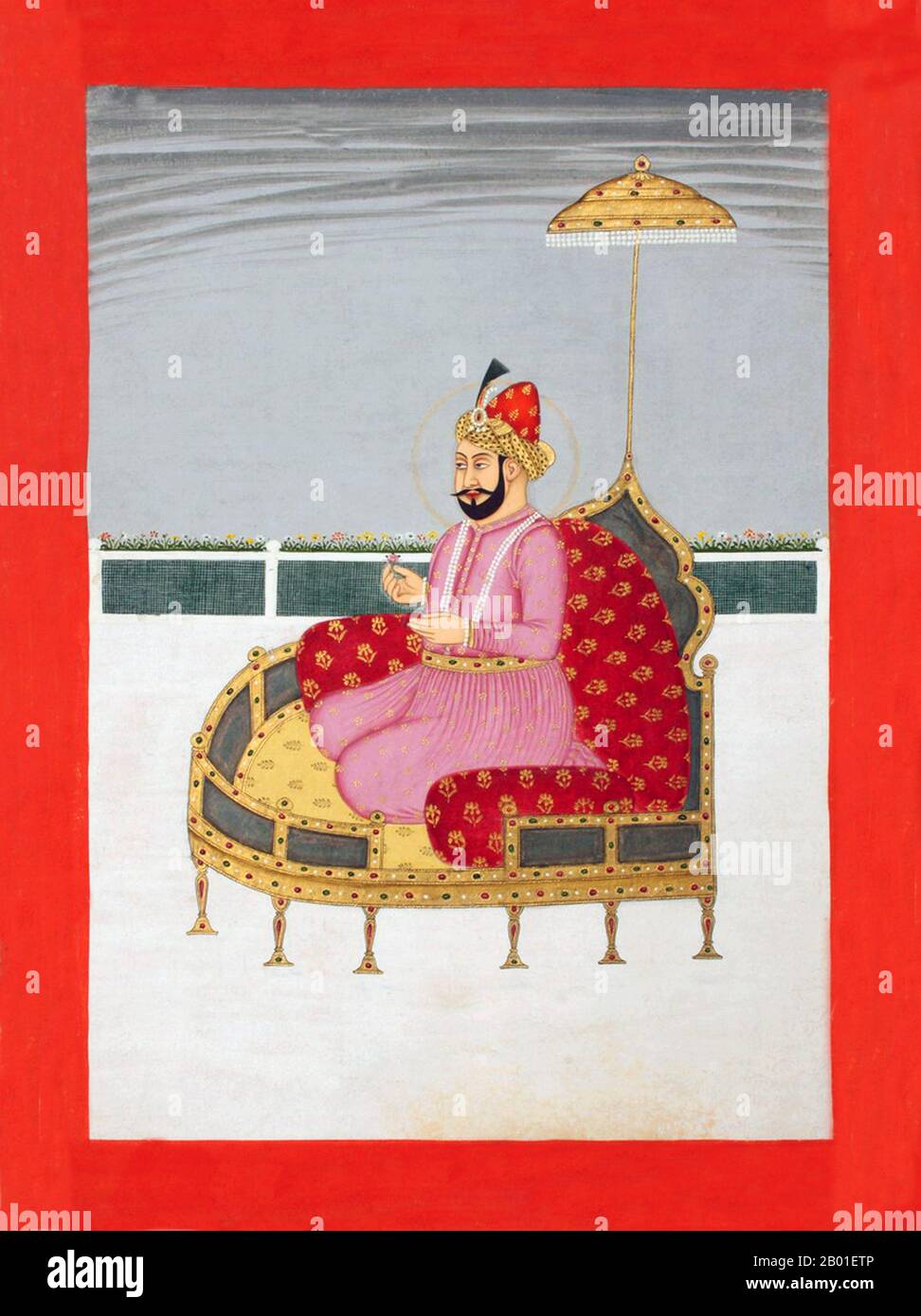 India: Nasir ud-din Muhammad Humayun (7 marzo 1508 - 22 febbraio 1556), 2nd Imperatore Mughal, inginocchiato su un trono. Pittura in miniatura da una serie raffigurante gli imperatori Mughal, 18th ° secolo. Humayun (titolo completo: Al-Sultan al-'Azam wal Khaqan al-Mukarram, Jam-i-Sultanat-i-haqiqi wa Majazi, Sayyid al-Salatin, Abu'l Muzaffar Nasir ud-din Muhammad Humayun Padshah Ghazi, Zillu'llah) era l'imperatore del secondo giorno, 1540 l'Afghanistan del 1530 1556-1555. Come suo padre, Babur, perse presto il suo regno, ma lo riconquistò con l'aiuto persiano. Foto Stock