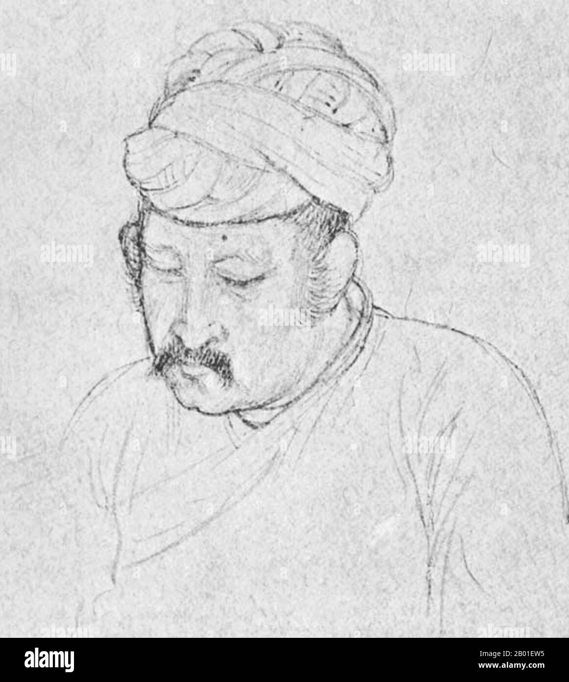 India: Un disegno di Akbar (25 ottobre 1542 - 27 ottobre 1605), 3rd imperatore Mughal (r. 1556-1605) verso la fine del suo regno, circa 1600. Akbar, conosciuto anche come Shahanshah Akbar-e-Azam o Akbar il Grande, era il terzo imperatore Mughal. Era di discendenza timuride; il figlio dell'imperatore Humayun ed il nipote dell'imperatore Babur, il righello che ha fondato la dinastia di Mughal in India. Alla fine del suo regno nel 1605 l'impero Mughal coprì la maggior parte dell'India settentrionale e centrale. Akbar aveva tredici anni quando ascese al trono Mughal a Delhi (febbraio 1556), dopo la morte del padre. Foto Stock