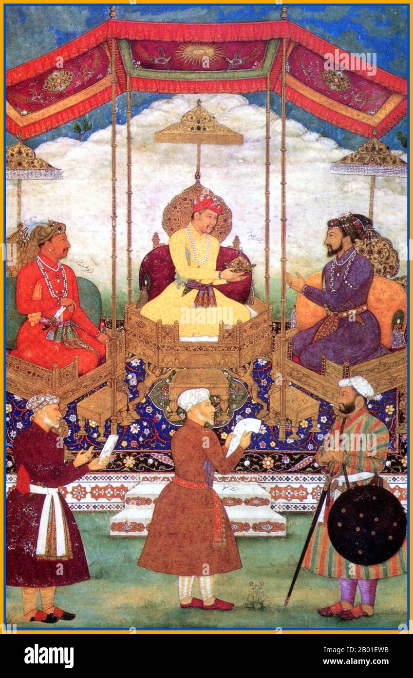 India: Akbar consegna la sua corona imperiale a Shah Jahan. Dipinto in miniatura dall'album Minto di Bichitr (fl. 1610-1660), c. 1630-1631. Akbar (25 ottobre 1542 – 27 ottobre 1605), noto anche come Shahanshah Akbar-e-Azam o Akbar il Grande, fu il terzo imperatore Mughal. Era di discendenza timuride; il figlio dell'imperatore Humayun ed il nipote dell'imperatore Babur, il righello che ha fondato la dinastia di Mughal in India. Alla fine del suo regno nel 1605 l'impero Mughal coprì la maggior parte dell'India settentrionale e centrale. Akbar aveva tredici anni quando ascese al trono di Mughal a Delhi (febbraio 1556). Foto Stock