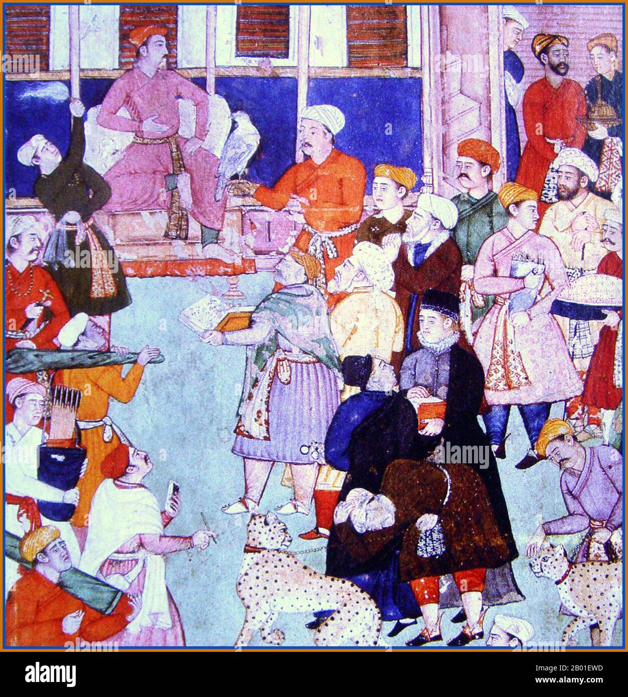 India: Gli europei si mescolano con gli asiatici alla corte dell'imperatore Mogul Akbar (25 ottobre 1542 - 27 ottobre 1605). Pittura in miniatura, 17th ° secolo. Akbar (1556-1605), anche conosciuto come Shahanshah Akbar-e-Azam o Akbar il Grande, era il terzo imperatore Mughal. Era di discendenza timuride; il figlio dell'imperatore Humayun ed il nipote dell'imperatore Babur, il righello che ha fondato la dinastia di Mughal in India. Alla fine del suo regno nel 1605 l'impero Mughal coprì la maggior parte dell'India settentrionale e centrale. Akbar aveva tredici anni quando ascese al trono di Mughal a Delhi (febbraio 1556). Foto Stock