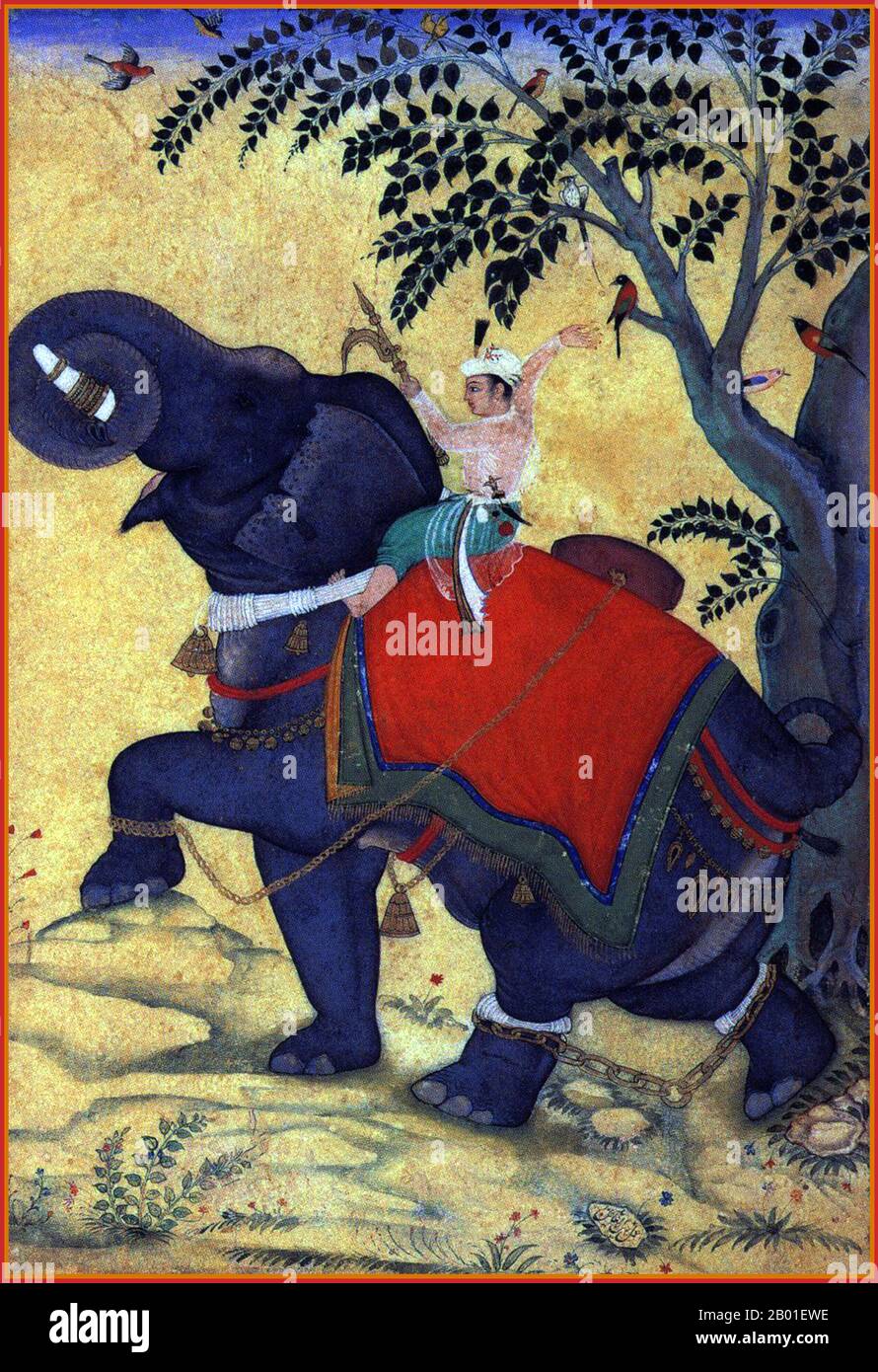 India: Il 3rd Mughal imperatore Akbar (25 ottobre 1542 - 27 ottobre 1605) a cavallo di un elefante. Pittura in miniatura, c. 1609-1610. Akbar (1556-1605), anche conosciuto come Shahanshah Akbar-e-Azam o Akbar il Grande, era il terzo imperatore Mughal. Era di discendenza timuride; il figlio dell'imperatore Humayun ed il nipote dell'imperatore Babur, il righello che ha fondato la dinastia di Mughal in India. Alla fine del suo regno nel 1605 l'impero Mughal coprì la maggior parte dell'India settentrionale e centrale. Akbar aveva tredici anni quando ascese al trono di Mughal a Delhi (febbraio 1556). Foto Stock