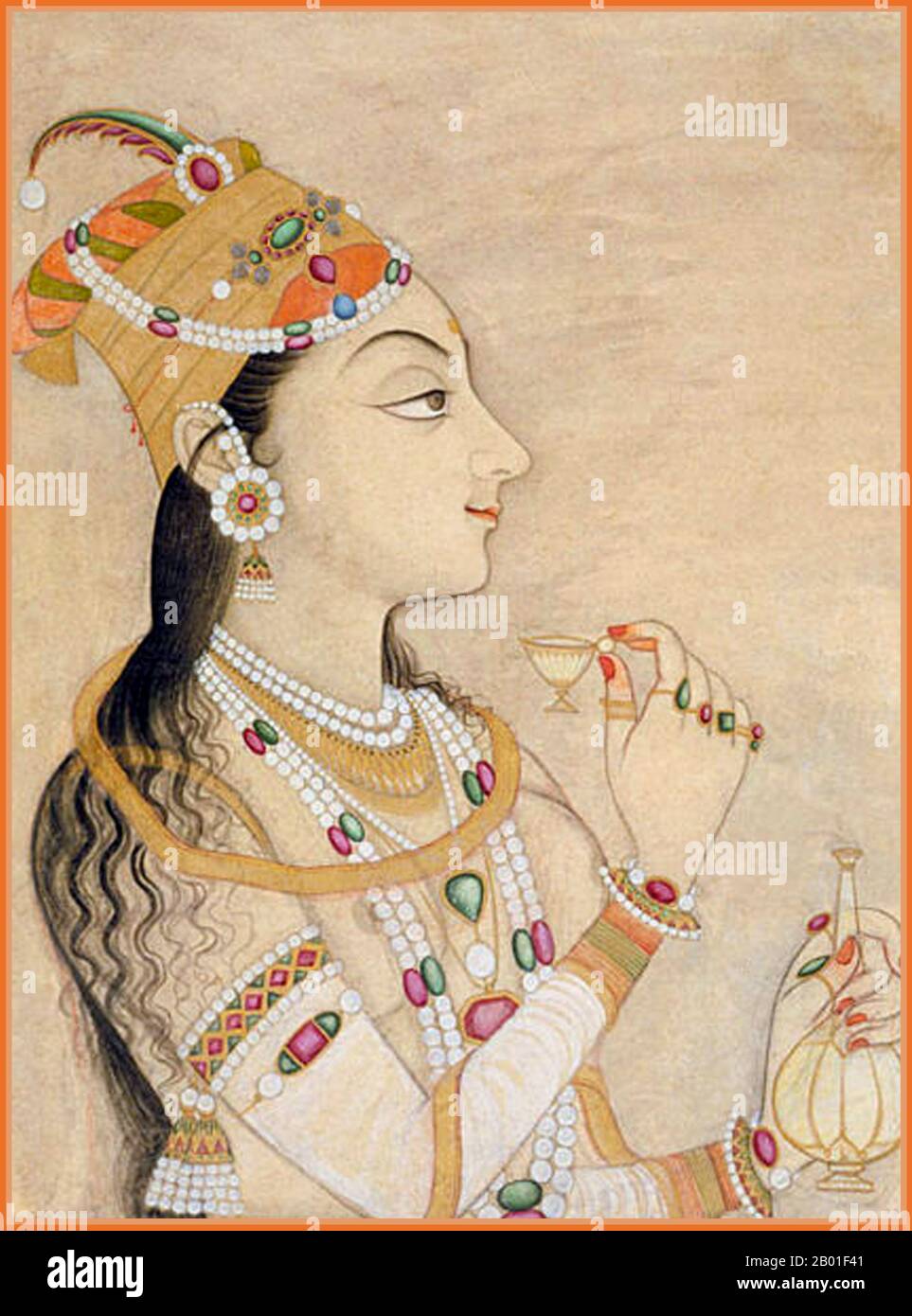 India: L'imperatrice Nur Jahan (1577 - 18 dicembre 1645). Rajasthani acquerello pittura, Kishangarh, c. 1725. Begum Nur Jahan (l'ortografia alternativa Noor Jahan, Nur Jehan, Nor Jahan), conosciuto anche come Mehr-un-Nissa, è stato un'imperatrice della dinastia Mughal che governava gran parte del subcontinente indiano. Nur Jahan era la ventesima moglie preferita dell'imperatore Mughal Jahangir, che era il suo secondo marito, e l'imperatrice più famosa dell'Impero Mughal. La storia dell'infatuazione della coppia l'una per l'altra e del rapporto che ha rispettato fra loro è il roba di molte leggende (spesso apocrifali). Foto Stock