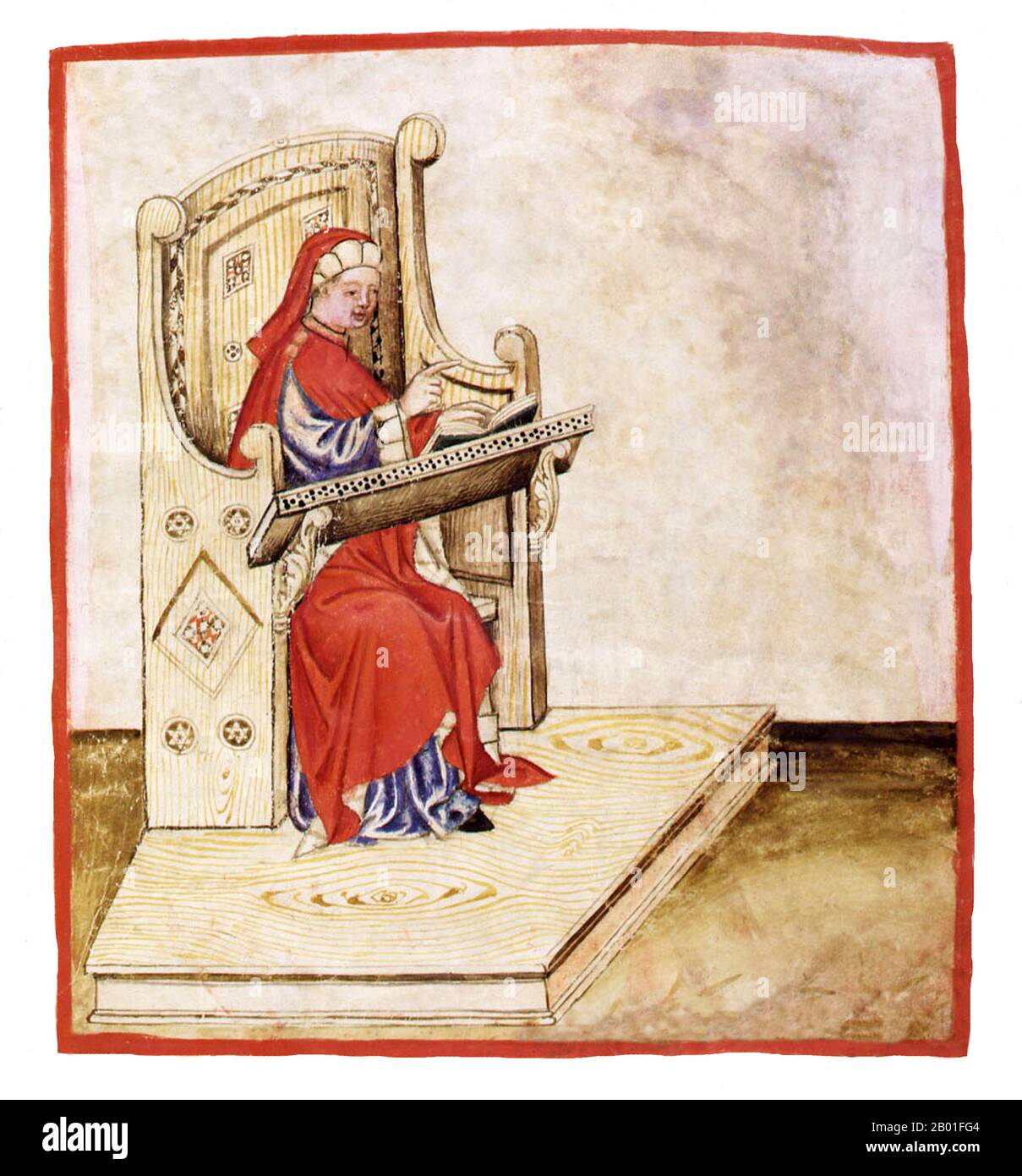 Iraq/Italia: "Il maestro Ububchaysm de Baldach (Ibn Butlan di Baghdad) seduto alla sua scrivania". Illustrazione da Taqwim al-sihha di Ibn Butlan o "manutenzione della salute" (Baghdad, 11th ° secolo). Pubblicato in Italia come il Tacuinum Sanitatis, 14th ° secolo. Il Tacuinum (a volte Taccuinum) Sanitatis è un manuale medievale sulla salute e il benessere, basato sul Taqwim al-sihha تقويم الصحة ('mantenimento della salute'), un trattato medico arabo dell'XI secolo di Ibn Butlan di Baghdad. Ibn Butlân era un medico cristiano nato a Bagdad e morto nel 1068. Foto Stock