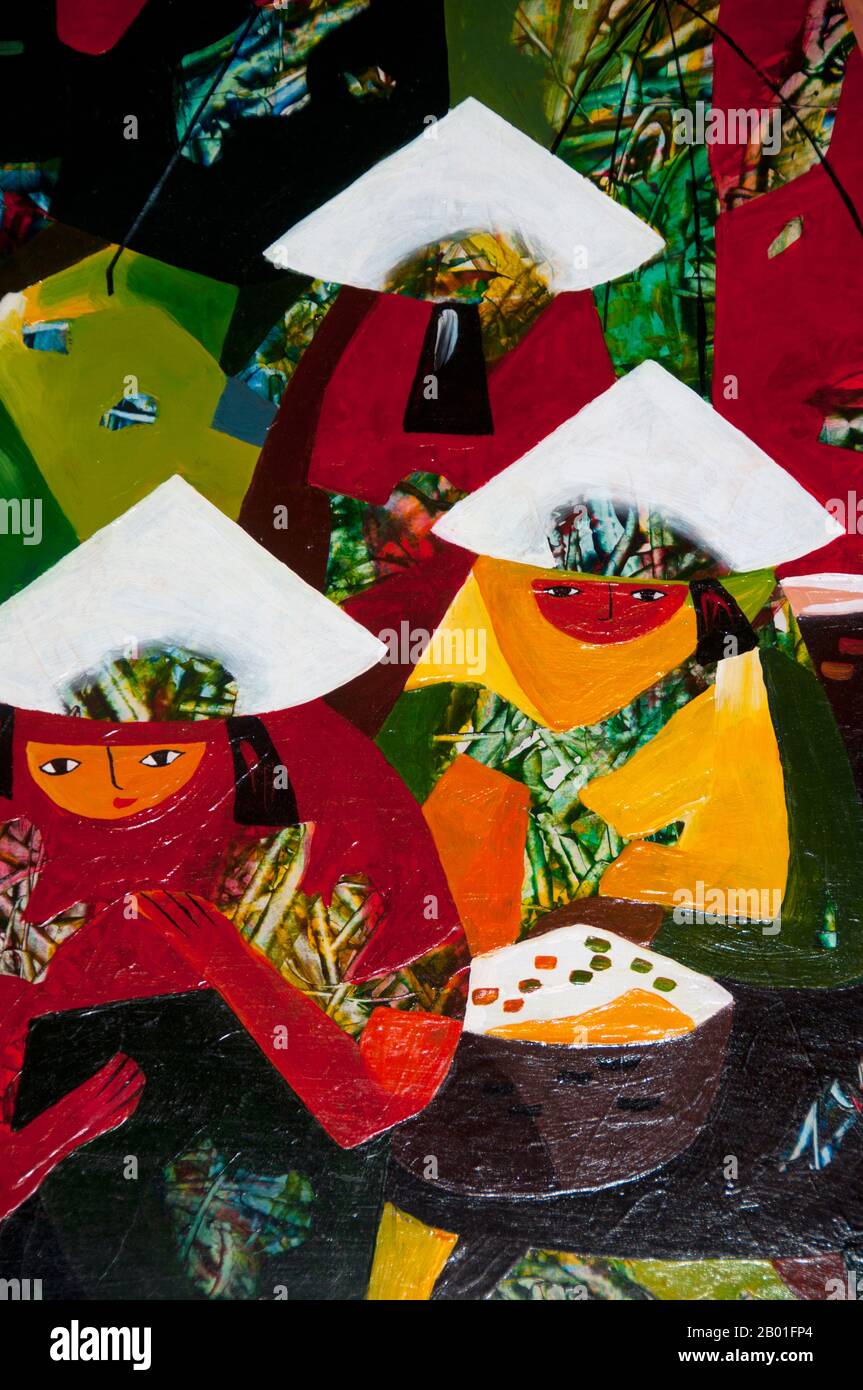 A partire dal 19th secolo, le influenze artistiche francesi si diffusero in Vietnam. All'inizio del 20th secolo, il École Supérieure des Beaux Arts de l'Indochine (Collegio delle Arti di Indochina) è stato fondato per insegnare metodi europei e esercitare influenza soprattutto nelle città più grandi, come Hanoi e ho Chi Minh City. Le restrizioni di viaggio imposte ai vietnamiti durante gli 80 anni di governo francese del Vietnam e il lungo periodo di guerra per l'indipendenza nazionale hanno fatto sì che pochissimi artisti vietnamiti fossero in grado di allenarsi o lavorare al di fuori del Vietnam. Un piccolo numero di artisti provenienti da sfondi bene-a-do ha avuto il Foto Stock