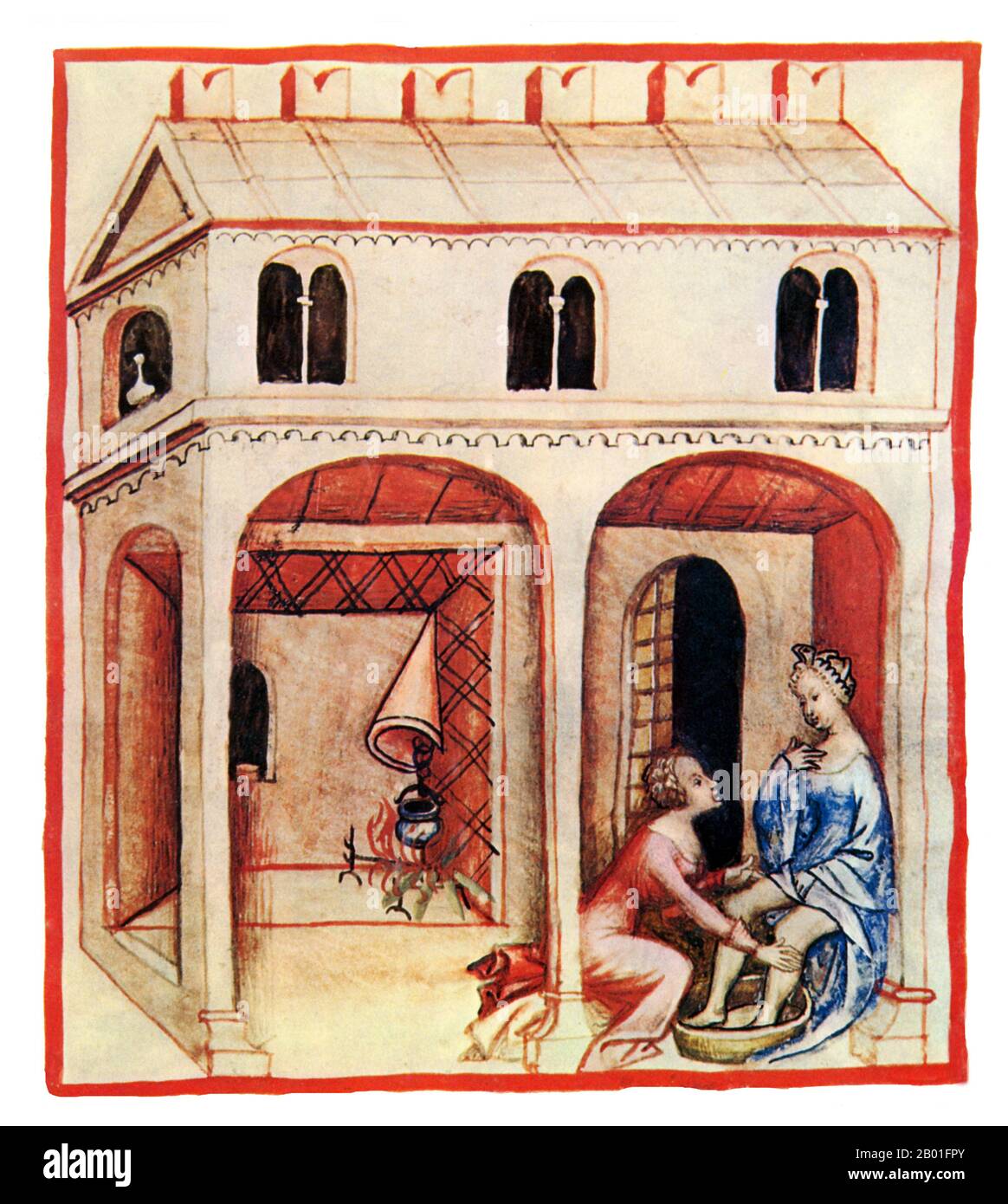 Iraq/Italia: Acqua calda (Aqua Calida). Illustrazione da Taqwim al-sihha di Ibn Butlan o 'mantenimento della Salute' (Baghdad, 11th ° secolo), pubblicato in Italia come il Tacuinum Sanitatis, 14th ° secolo. Il Tacuinum (a volte Taccuinum) Sanitatis è un manuale medievale sulla salute e il benessere, basato sul Taqwim al-sihha تقويم الصحة ('mantenimento della salute'), un trattato medico arabo dell'XI secolo di Ibn Butlan di Baghdad. Ibn Butlân era un medico cristiano nato a Bagdad e morto nel 1068. Foto Stock