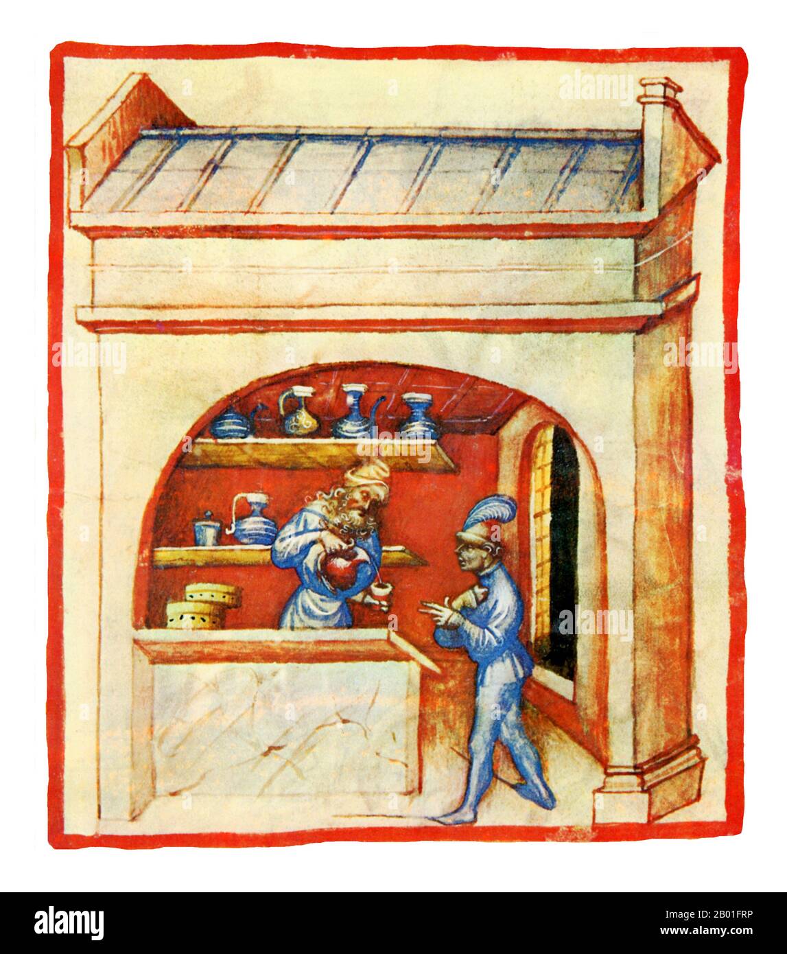 Iraq/Italia: Olio di mandorle (Oleum Amigdolarum). Illustrazione da Taqwim al-sihha di Ibn Butlan o 'mantenimento della Salute' (Baghdad, 11th ° secolo), pubblicato in Italia come il Tacuinum Sanitatis, 14th ° secolo. Il Tacuinum (a volte Taccuinum) Sanitatis è un manuale medievale sulla salute e il benessere, basato sul Taqwim al-sihha تقويم الصحة ('mantenimento della salute'), un trattato medico arabo dell'XI secolo di Ibn Butlan di Baghdad. Ibn Butlân era un medico cristiano nato a Bagdad e morto nel 1068. Foto Stock
