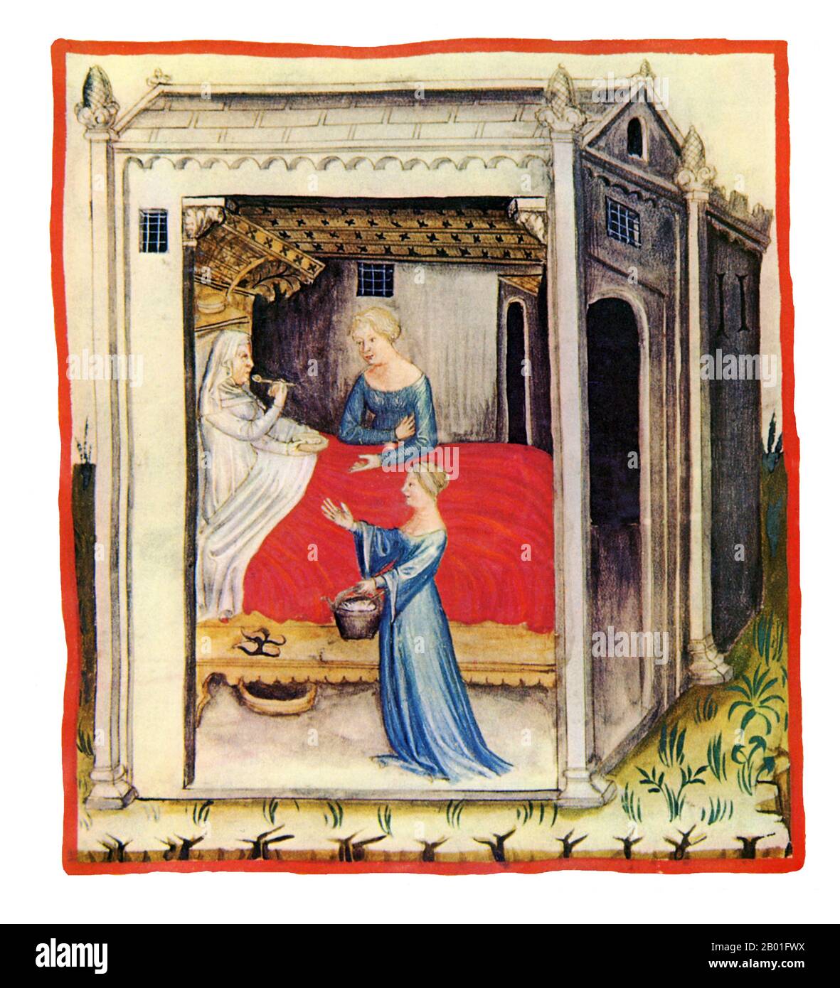 Iraq/Italia: Zuppa di orzo (Savich). Illustrazione da Taqwim al-sihha di Ibn Butlan o 'mantenimento della Salute' (Baghdad, 11th ° secolo), pubblicato in Italia come il Tacuinum Sanitatis, 14th ° secolo. Il Tacuinum (a volte Taccuinum) Sanitatis è un manuale medievale sulla salute e il benessere, basato sul Taqwim al-sihha تقويم الصحة ('mantenimento della salute'), un trattato medico arabo dell'XI secolo di Ibn Butlan di Baghdad. Ibn Butlân era un medico cristiano nato a Bagdad e morto nel 1068. Foto Stock