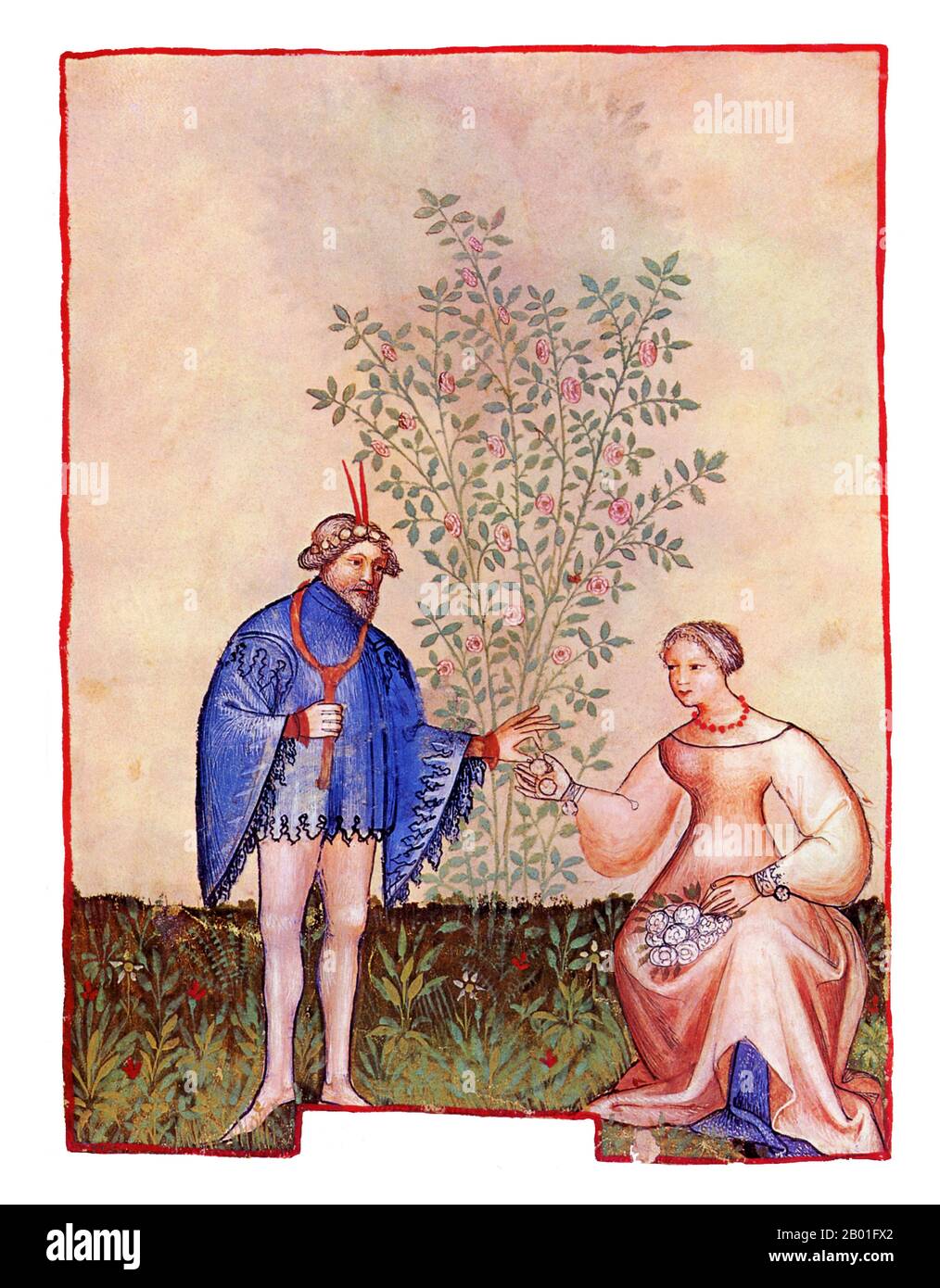 Iraq/Italia: Rose (Roxe). Illustrazione da Taqwim al-sihha di Ibn Butlan o 'mantenimento della Salute' (Baghdad, 11th ° secolo), pubblicato in Italia come il Tacuinum Sanitatis, 14th ° secolo. Il Tacuinum (a volte Taccuinum) Sanitatis è un manuale medievale sulla salute e il benessere, basato sul Taqwim al-sihha تقويم الصحة ('mantenimento della salute'), un trattato medico arabo dell'XI secolo di Ibn Butlan di Baghdad. Ibn Butlân era un medico cristiano nato a Bagdad e morto nel 1068. Foto Stock