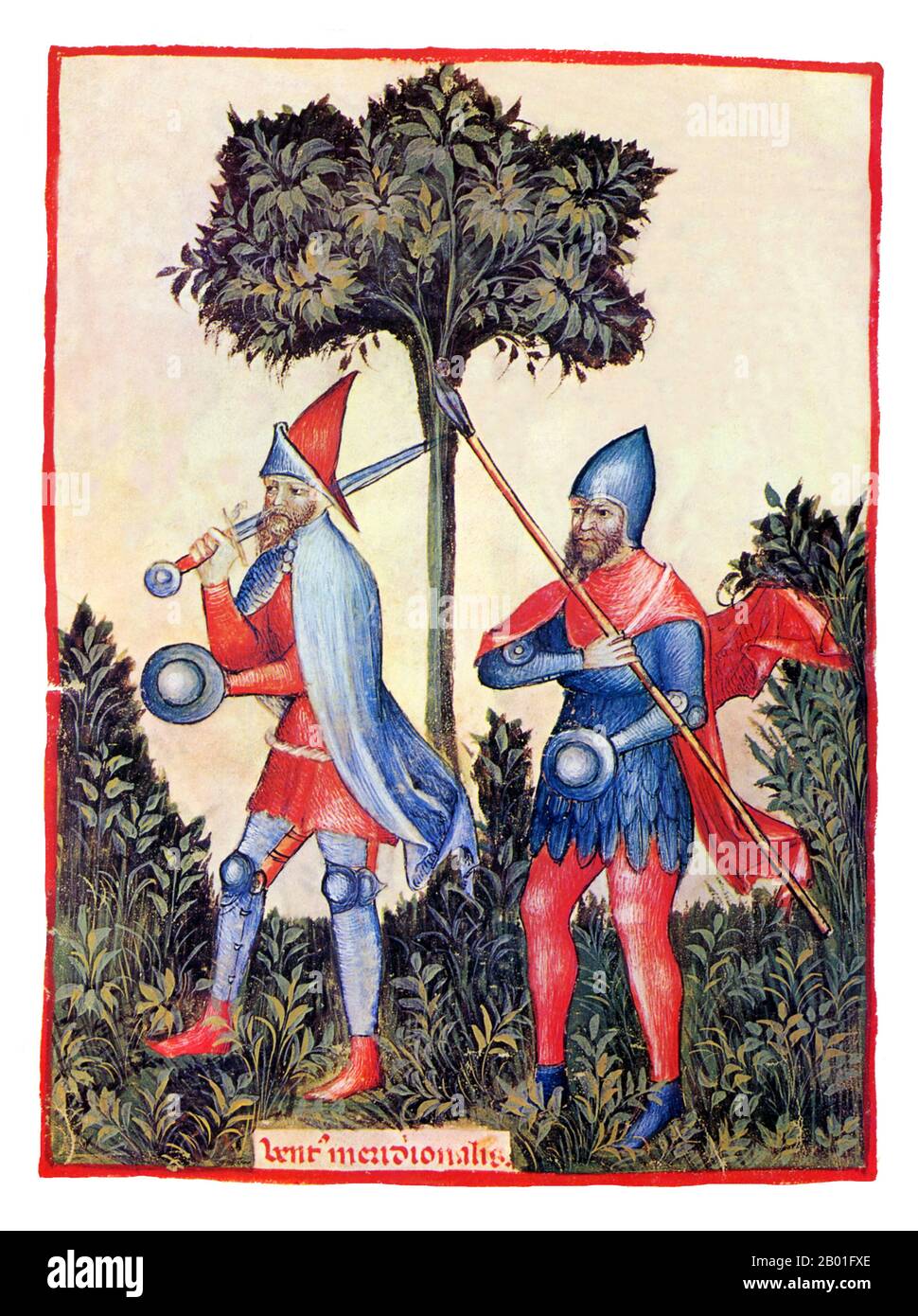 Iraq/Italia: Vento Sud (Ventus Meridionalis). Illustrazione da Taqwim al-sihha di Ibn Butlan o 'mantenimento della Salute' (Baghdad, 11th ° secolo), pubblicato in Italia come il Tacuinum Sanitatis, 14th ° secolo. Il Tacuinum (a volte Taccuinum) Sanitatis è un manuale medievale sulla salute e il benessere, basato sul Taqwim al-sihha تقويم الصحة ('mantenimento della salute'), un trattato medico arabo dell'XI secolo di Ibn Butlan di Baghdad. Ibn Butlân era un medico cristiano nato a Bagdad e morto nel 1068. Foto Stock