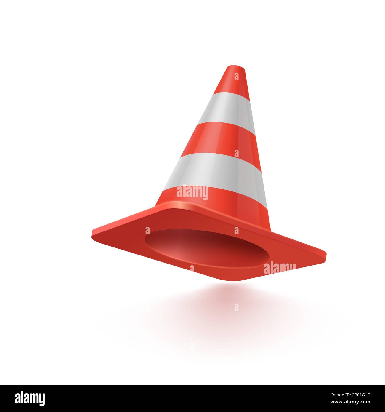 Vettore realistico rosso in plastica cono stradale. Rigato bianco traffico coni isolati su sfondo bianco Illustrazione Vettoriale