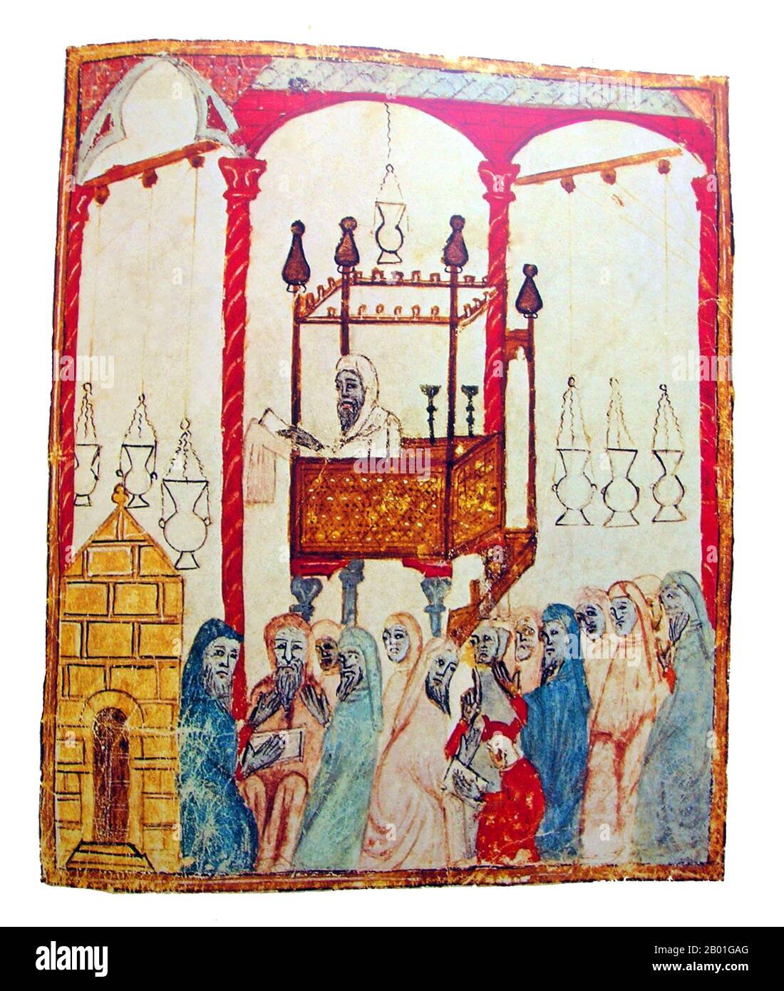 Spagna/al-Andalus: Illustrazione di un cantore ebreo in piedi su un bimah che legge la storia di Pasqua in al-Andalus, da un Haggadah spagnolo del 14th ° secolo. Al-Andalus era il nome arabo dato ad una nazione e ad una regione territoriale chiamata anche Iberia moresca. Il nome descrive parti della Penisola Iberica e di Settimania governate dai musulmani (spesso con il nome generico di Mori), in vari momenti nel periodo tra il 711 e il 1492, anche se i confini territoriali subirono costanti cambiamenti a causa delle guerre con i regni cristiani. Foto Stock