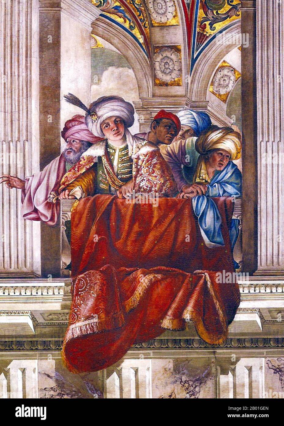 Italia/Iran: Gli ambasciatori persiani di Shah ʿAbbās, ʿAliqoli Beg e Robert Sherley, ricevuti da Papa Paulus V come raffigurato nel Palazzo del Quirinale a Roma, 1615-1616 Shāh Abbās il Grande (27 gennaio 27 1571 - 19 gennaio 1629), o Shāh Abbās i, era Shah (re) dell'Iran, E generalmente considerato il più grande sovrano della dinastia Safavid. Abbas venne al trono durante un periodo travagliato per l'Iran. Sotto il padre debole, il paese fu lacerato con discordia tra le diverse fazioni dell'esercito Qizilbash, che uccise la madre di Abbas e il fratello maggiore. Foto Stock