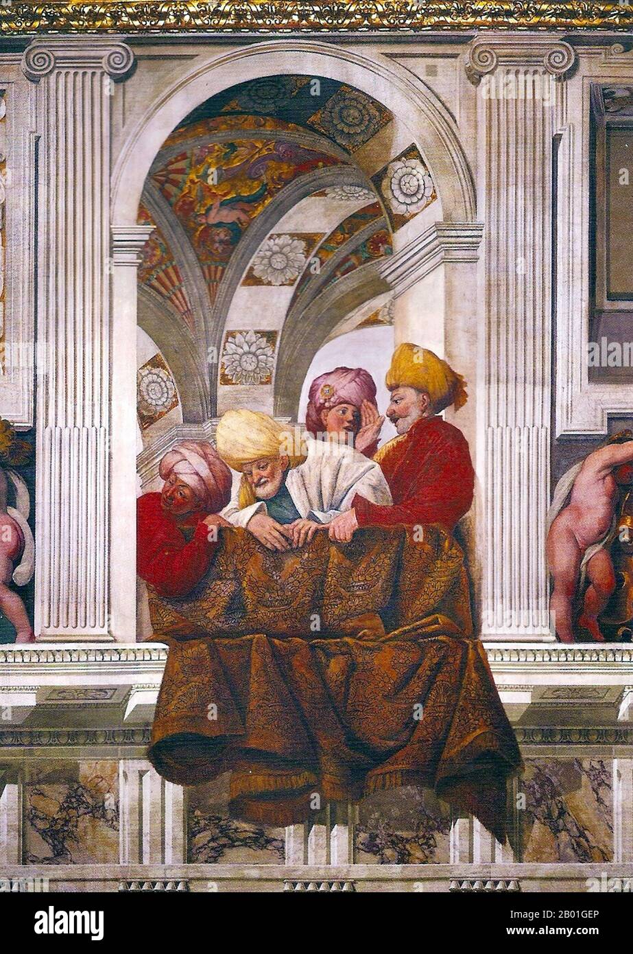 Italia/Iran: Gli ambasciatori persiani di Shah ʿAbbās, ʿAliqoli Beg e Robert Sherley, ricevuti da Papa Paulus V come raffigurato nel Palazzo del Quirinale a Roma, 1615-1616 Shāh Abbās il Grande (27 gennaio 27 1571 - 19 gennaio 1629), o Shāh Abbās i, era Shah (re) dell'Iran, E generalmente considerato il più grande sovrano della dinastia Safavid. Abbas venne al trono durante un periodo travagliato per l'Iran. Sotto il padre debole, il paese fu lacerato con discordia tra le diverse fazioni dell'esercito Qizilbash, che uccise la madre di Abbas e il fratello maggiore. Foto Stock