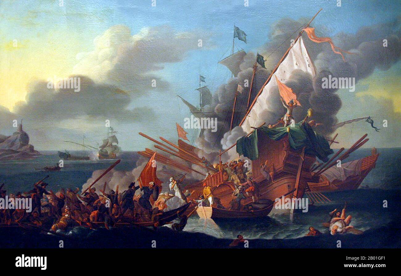 Grecia/Turchia: La battaglia di Lepanto, 7 ottobre 1571. Dipinto ad olio su tela di Peter Brünniche (4 agosto 1739 - 15 settembre 1814), 1762. La Battaglia di Lepanto ebbe luogo il 7 ottobre 1571 quando una flotta della Lega Santa, una coalizione di stati marittimi cattolici, sconfisse decisamente la flotta principale dell'Impero Ottomano in cinque ore di combattimenti sul confine settentrionale del Golfo di Patrasso, al largo della Grecia occidentale. Le forze ottomane che navigavano verso ovest dalla loro stazione navale di Lepanto incontrarono le forze della Lega Santa, che erano giunte da Messina. Foto Stock