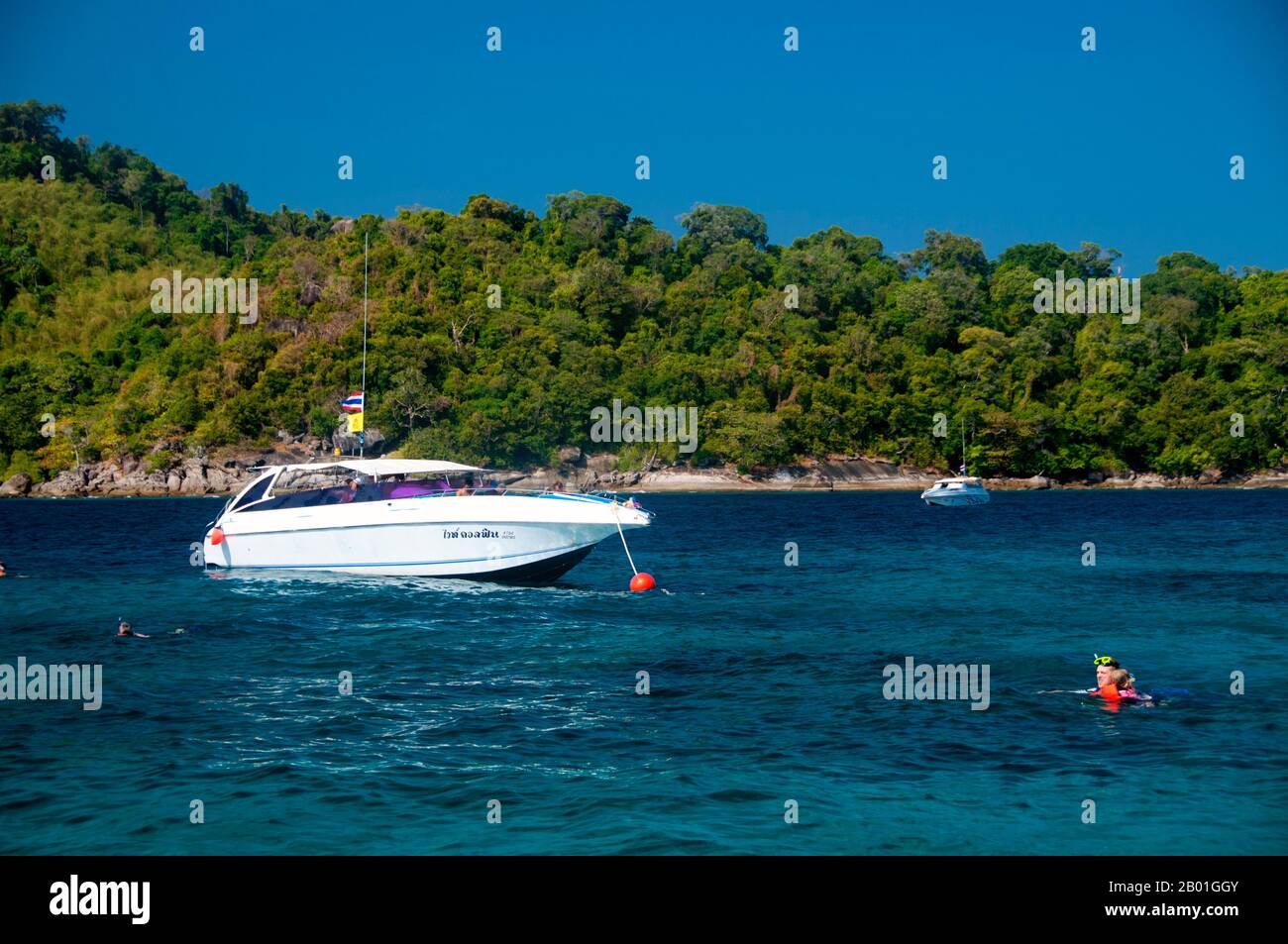 Thailandia: Snorkeling, Isola 5, Isole Similan. Le isole Similan si trovano a circa 100 chilometri a nord-ovest di Phuket nel Mare delle Andamane. Nel 1982, questa area di 128 chilometri quadrati è stata dichiarata parco nazionale marino, e negli ultimi anni il gruppo di nove piccole isole (Similan è derivato dal sembilano malese, e significa nove) è diventato una delle principali attrazioni per i visitatori del sud della Thailandia. Le isole sono rinomate tra i subacquei per le loro ricche barriere coralline, le acque limpide e le spiagge incontaminate. I migliori mesi di immersione sono tra dicembre e maggio. Foto Stock