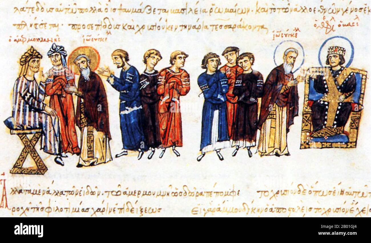 Spagna/Turchia/Iraq: L'ambasciata di Giovanni il grammaro nel 829, tra l'Abbaside Caliph al-Ma'mun (a sinistra) e l'imperatore bizantino Theophilos (a destra). Dipinto in miniatura degli Skylitzes di Madrid (12th-13th ° secolo). Giovanni VII Grammatikos o Grammaticus, cioè il grammatico, fu Patriarca Ecumenico di Costantinopoli dal 21 gennaio 837 al 4 marzo 843, e morì prima del 867. John era rinomato per il suo apprendimento (da cui il soprannome Grammatikos), e per la sua retorica persuasiva negli infiniti dibattiti che sono un argomento preferito delle fonti agiografiche che riflettono il secondo periodo di iconoclasmo. Foto Stock