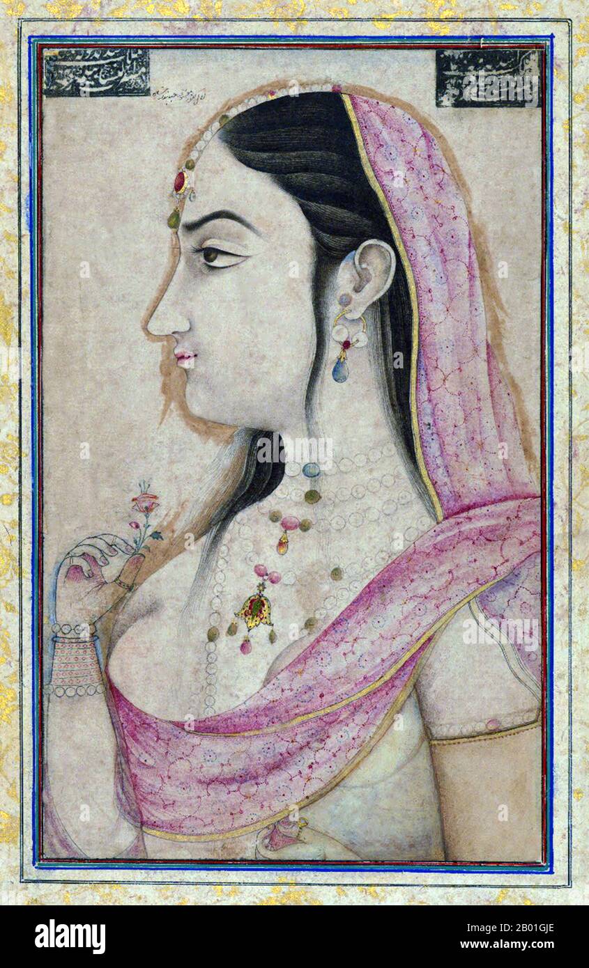India: Lal Kunwar (18 marzo 1691 - 17 giugno 1759), imperatrice Consort e favorita dell'imperatore Mughal Jahandar Shah del 8th. Pittura in miniatura, 18th ° secolo. Originariamente una ragazza danzante di classe inferiore, Imtiaz Mahal, meglio conosciuta con il suo nome di nascita Lal Kunwar, divenne la concubina di Jahandar e successivamente la regina consorte. Gli storici contemporanei notarono lo stile di vita decadente di Jahanar Shah e la sua devozione a Lal Kunwar, che è chiamato nell'iscrizione in alto nella pagina. Secondo quanto riferito, Lal Kunwar aveva molta influenza alla corte di Jahandar. Foto Stock
