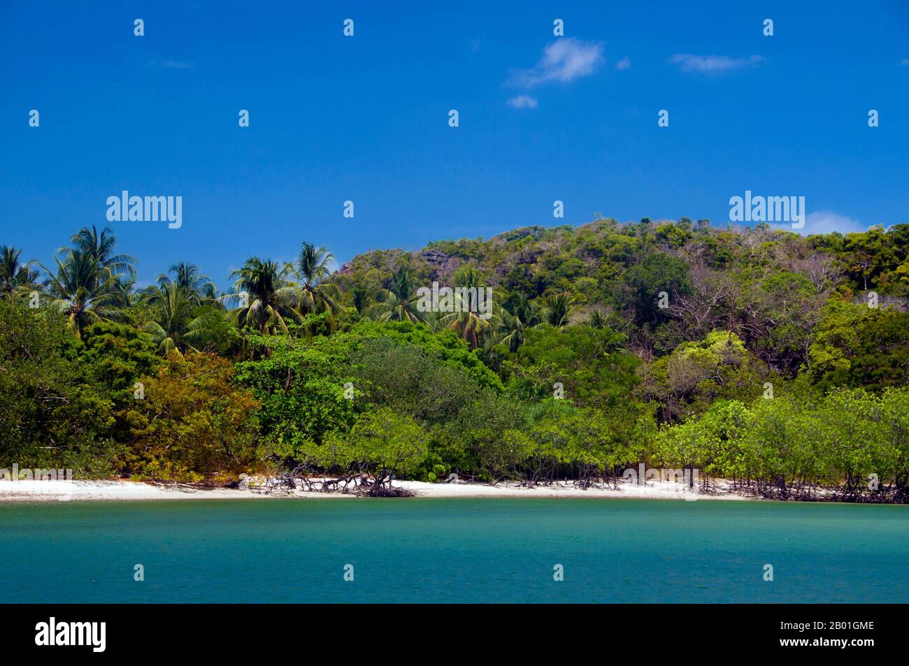 Thailandia: Vicino Ao Pante Malaka, Ko Tarutao Marine National Park, Ko Tarutao. Ao Pante Malaka è una lunga baia sulla riva nord-occidentale di Ko Tarutao, con una spiaggia di sabbia fine. Qui si trovano la sede centrale del Parco Nazionale Marino di Ko Tarutao e un centro di servizi turistici che ospita una mostra che copre lo sfondo storico e naturale del parco. Il Parco Nazionale Marino di Ko Tarutao consiste di 51 isole in due gruppi principali sparsi attraverso il Mare delle Andamane nella Thailandia più meridionale. Solo sette delle isole sono di qualsiasi dimensione, tra cui Ko Tarutao a est. Foto Stock