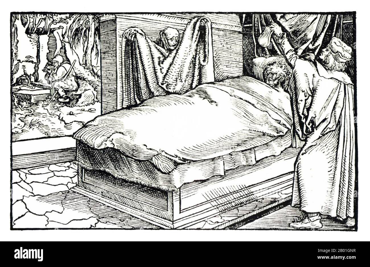 Europa: Un legno raffigurante la peste o la 'morte Nera', anonimo, 15th ° secolo. La morte Nera è stata una delle pandemie più devastanti della storia umana, che ha fatto il picco in Europa tra il 1348 e il 1350. Di diverse teorie concorrenti, la spiegazione dominante per la morte Nera è la teoria della peste, che attribuisce l'epidemia al batterio Yersinia pestis. Pensata di essere iniziata in Cina, viaggiò lungo la Via della Seta e raggiunse la Crimea entro il 1346. Foto Stock