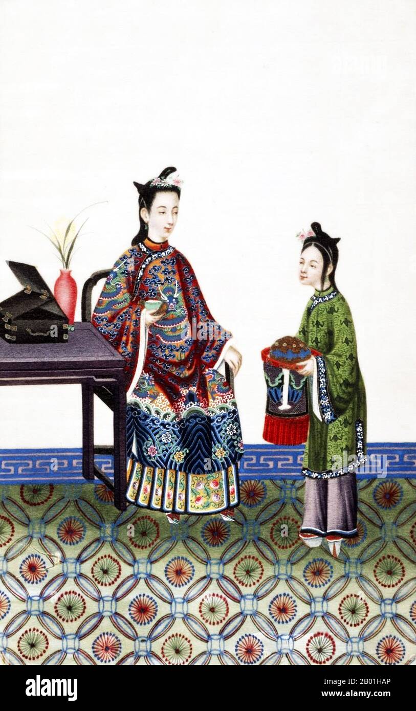 Cina: Rappresentazione dipinta a mano di amante e servo nell'alta società della dinastia Qing del XIX secolo. Scene di servizio da un piccolo album noto come "Chinese Drawings: Court and Society", che mostrano lo stile e la moda contemporanei alla Qing Court. La dinastia Qing fu l'ultima dinastia della Cina, che governò dal 1644 al 1912. I governanti Qing appartenevano al clan Jurchen Aisin Gioro, una tribù nomade che ebbe origine a nord-est della grande Muraglia nell'attuale Cina nord-orientale. Nel corso del suo regno, i Qing si integrarono fortemente con la cultura cinese. Foto Stock
