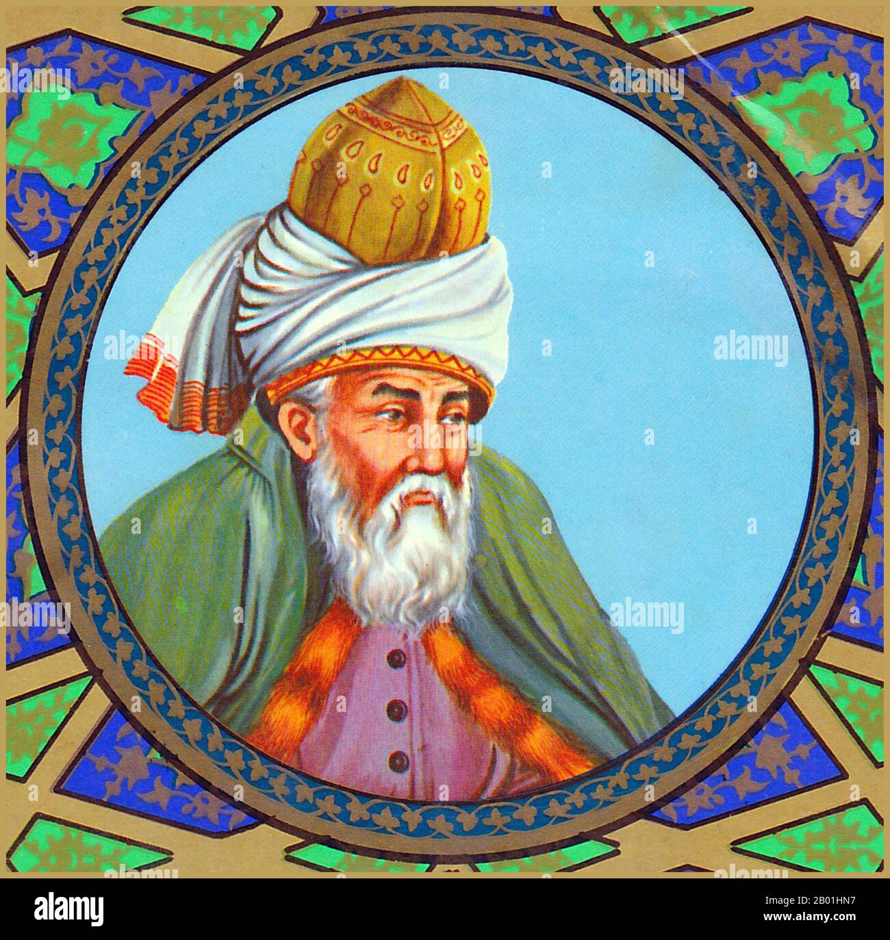 Afghanistan/Iran: Il poeta sufi persiano Rumi (30 settembre 1207 - 17 dicembre 1273), XVII secolo. Jalāl ad-Dīn Muḥammad Balkhī, noto anche come Jalāl ad-Dīn Muḥammad Rūmī e popolarmente conosciuto come Mevlānā in Turchia e Mawlānā in Iran e Afghanistan ma noto al mondo anglofono semplicemente come Rumi, è stato un poeta, giurista, teologo e mistico sufi persiano del XIII secolo. Nacque nella provincia di Balkh in Afghanistan in una piccola città situata sul fiume Wakhsh in quello che oggi è il Tagikistan. Foto Stock