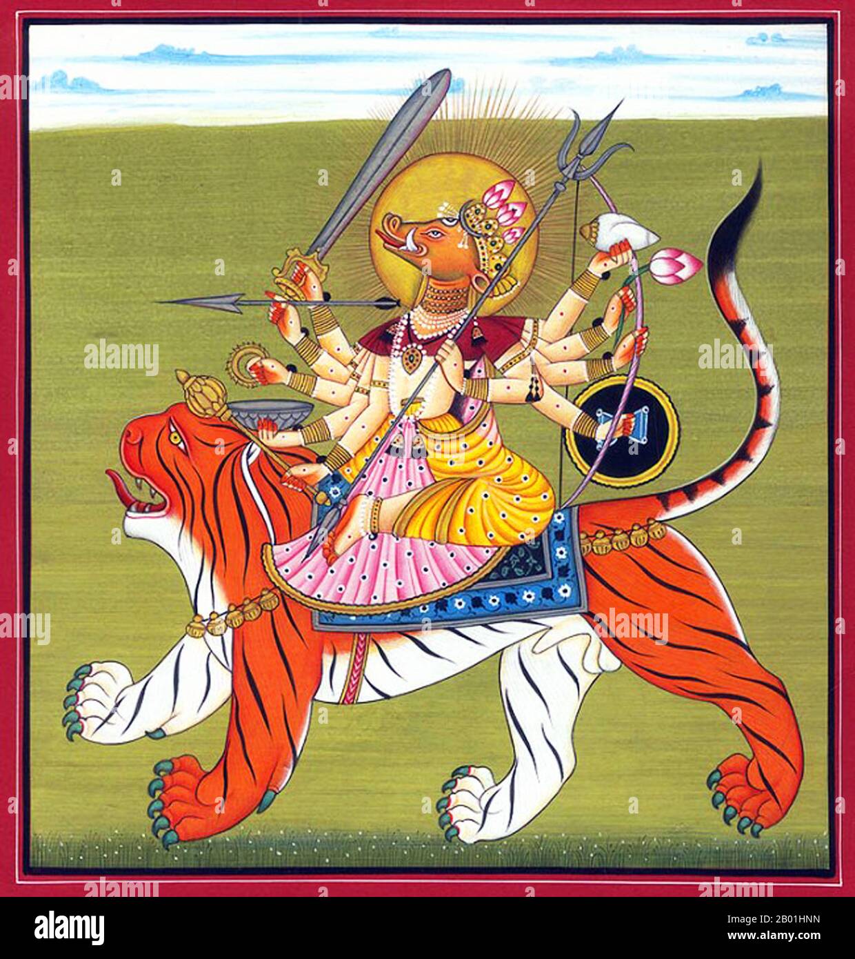 India/Nepal: La dea indù Varahi, tipicamente rappresentata con la testa di un cinghiale e cavalcando una tigre. Acquerello dipinto di Kripal di Nurpur (fl. 1660-1690), c. 1660-1670. Varahi (sanscrito: वाराही, Vārāhī) è una delle Matrikas, un gruppo di sette o otto dee madri della religione indù. Con la testa di una scrofa, Varahi è lo shakti (energia femminile, o talvolta consorte) di Varaha, l'Avatar del cinghiale del dio Vishnu. In Nepal, si chiama Barahi. Varahi è adorata da tutte e tre le principali scuole dell'Induismo: Shaktismo, Shaivismo e Vaishnavismo. Foto Stock
