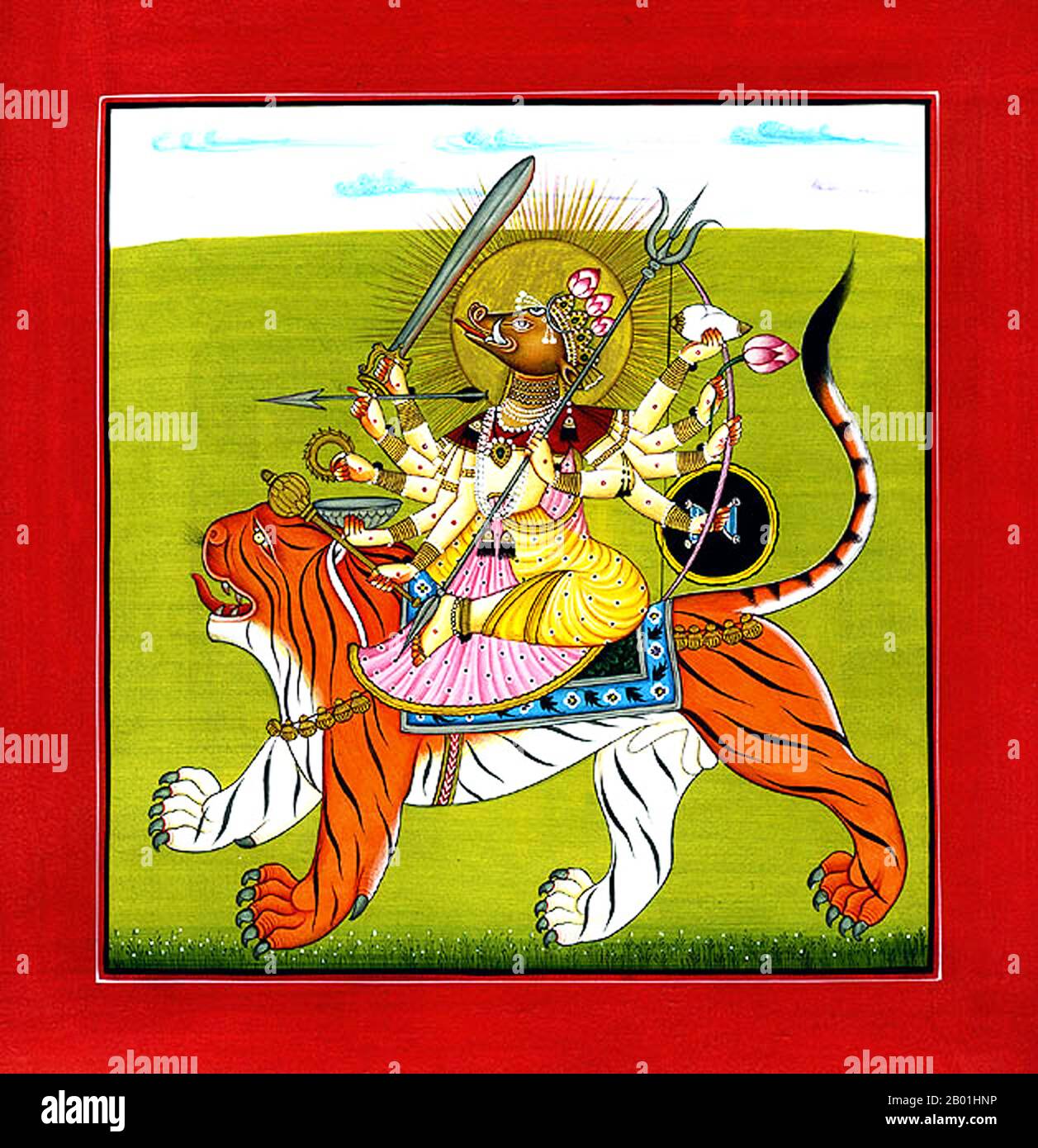 India/Nepal: La dea indù Varahi, tipicamente rappresentata con la testa di un cinghiale e cavalcando una tigre. Acquerello dipinto di Kripal di Nurpur (fl. 1660-1690), c. 1660-1670. Varahi (sanscrito: वाराही, Vārāhī) è una delle Matrikas, un gruppo di sette o otto dee madri della religione indù. Con la testa di una scrofa, Varahi è lo shakti (energia femminile, o talvolta consorte) di Varaha, l'Avatar del cinghiale del dio Vishnu. In Nepal, si chiama Barahi. Varahi è adorata da tutte e tre le principali scuole dell'Induismo: Shaktismo, Shaivismo e Vaishnavismo. Foto Stock