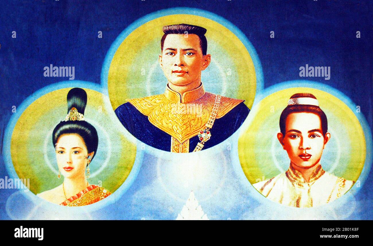 Thailandia: Murale del re Naresuan del Siam (1555/1556 - 25 aprile 1605), insieme a sua nonna la regina Suriyothai (morta nel 1549) e suo fratello minore il re Ekathotsarot (1560-1610). Somdet Phra Naresuan Maharat, o Somdet Phra Sanphet II, fu re del regno di Ayutthaya dal 1590 fino alla sua morte nel 1605. Naresuan fu uno dei monarchi più venerati del Siam, in quanto era noto per le sue campagne per liberare il Siam dal dominio birmano. Durante il suo regno numerose guerre furono combattute contro la Birmania, e il Siam raggiunse la sua massima estensione territoriale e influenza. Foto Stock