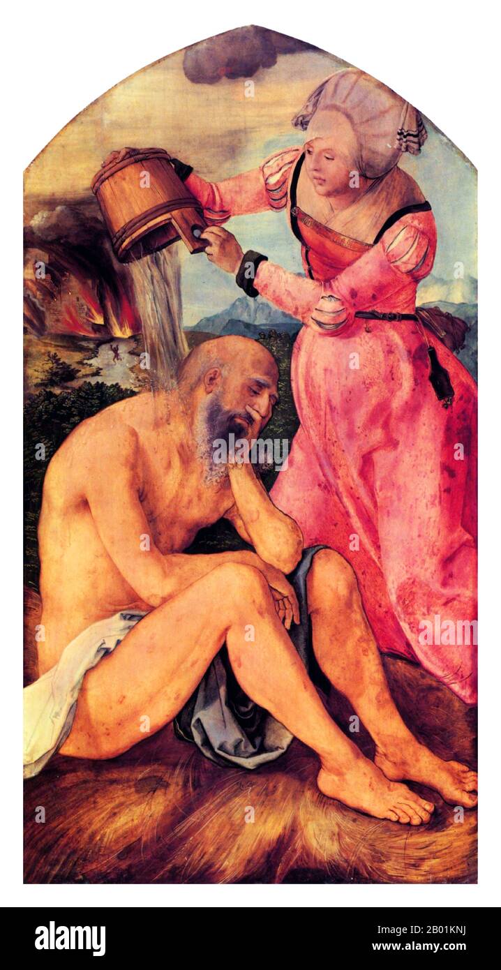 Germania: "Lavoro e sua moglie”. Pittura a olio su pannello dalla pala di Jabach di Albrecht Dürer (1471-1528), 1504. Il lavoro è il personaggio centrale del Libro di Giobbe nella Bibbia ebraica. Il lavoro è anche riconosciuto come profeta di Dio nel Corano. Il Libro del lavoro inizia con un'introduzione al personaggio del lavoro. È descritto come un uomo benedetto che vive in modo giusto. La lode di Dio per Giobbe spinge Satana a sfidare l'integrità di Giobbe e a suggerire che Giobbe serve Dio semplicemente perché lo protegge. Dio rimuove la protezione di Giobbe, permettendo a Satana di prendere la sua ricchezza, i suoi figli e la sua salute fisica. Foto Stock