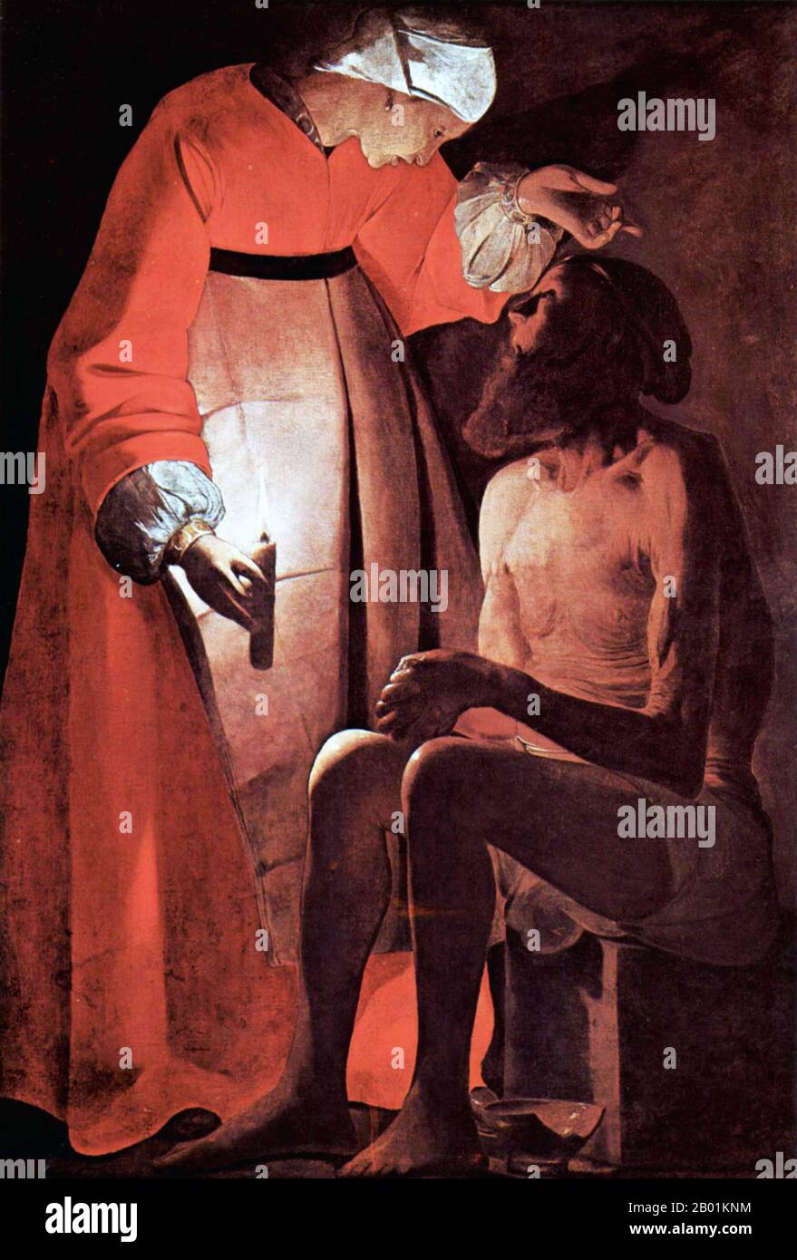 Francia: "Lavoro preso in giro da sua moglie”. Olio su tela dipinto di Georges De la Tour (13 marzo 1593 - 30 gennaio 1652), c. 1625-1650. Il lavoro è il personaggio centrale del Libro di Giobbe nella Bibbia ebraica. Il lavoro è anche riconosciuto come profeta di Dio nel Corano. Il Libro del lavoro inizia con un'introduzione al personaggio del lavoro. È descritto come un uomo benedetto che vive in modo giusto. La lode di Dio per Giobbe spinge Satana a sfidare l'integrità di Giobbe e a suggerire che Giobbe serve Dio semplicemente perché lo protegge. Dio rimuove la protezione di Giobbe, permettendo a Satana di prendere la sua ricchezza, i suoi figli e la sua salute. Foto Stock