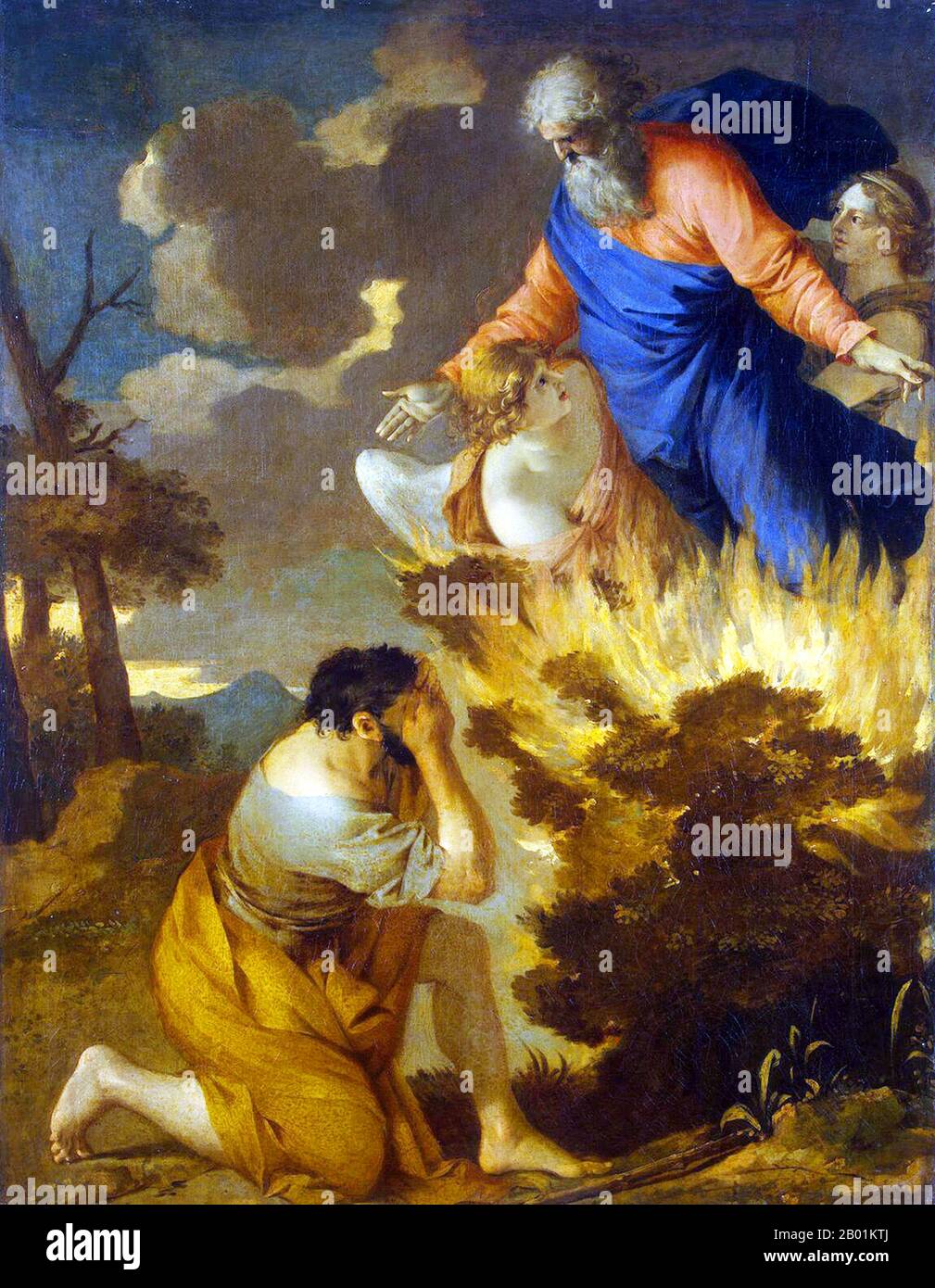 Francia: "Mosè e il Burning Bush”. Olio su tela dipinto di Sébastien Bourdon (2 febbraio 1616 – 8 maggio 1671), metà del XVII secolo. Il cespuglio ardente è un oggetto descritto dal Libro dell'Esodo (3:1-21) come situato sul Monte Sinai; secondo la narrazione, il cespuglio era in fiamme, ma non era consumato dalle fiamme, da cui il nome. Nella narrazione, il cespuglio ardente è il luogo in cui Mosè è stato nominato da Dio per condurre gli Israeliti fuori dall'Egitto e a Canaan. Foto Stock