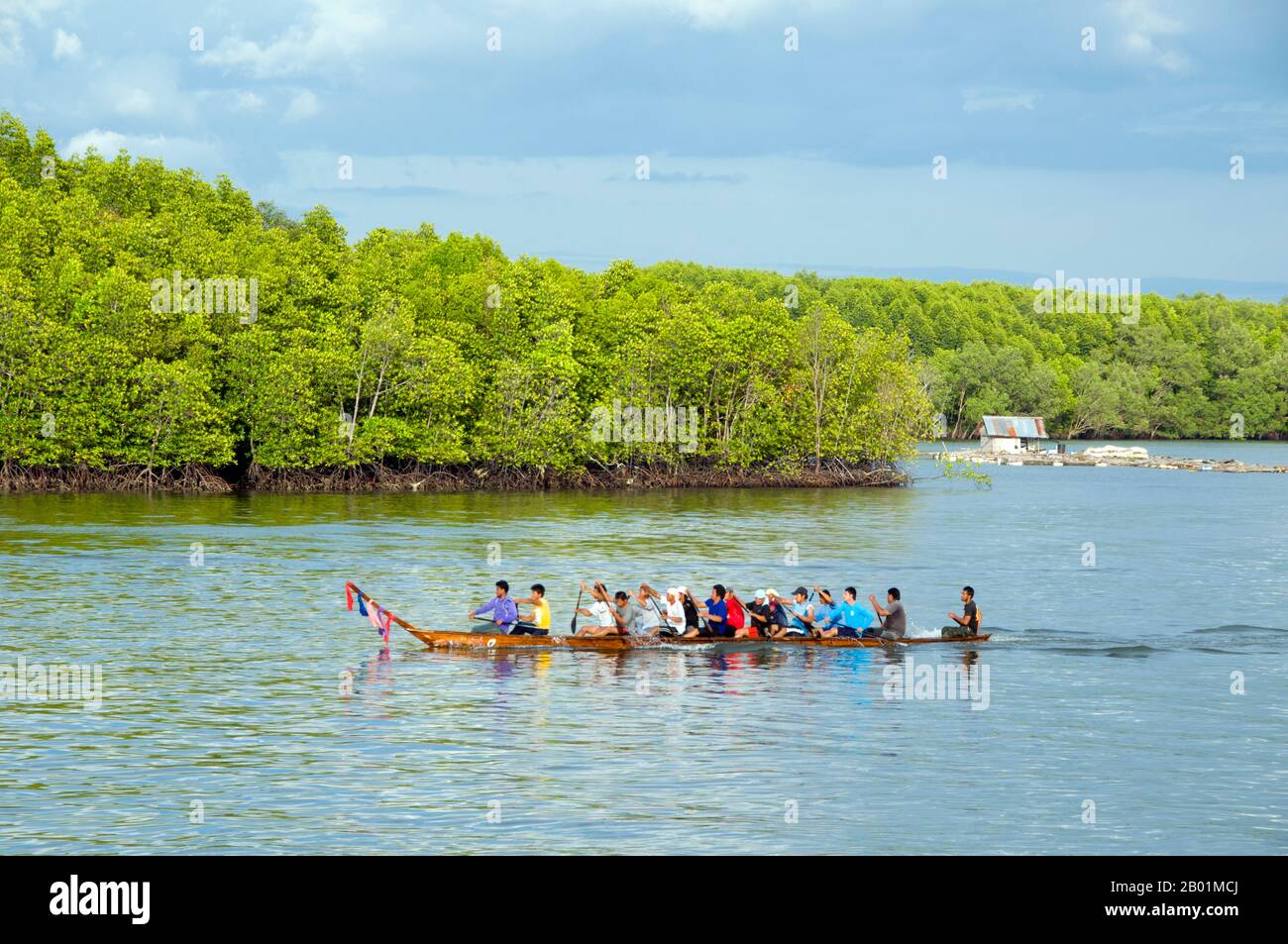 Thailandia: Una squadra di canottaggio sul fiume Krabi, vicino a Krabi Town e Ko Klang, provincia di Krabi. Un tempo un semplice porto di pescatori, Krabi sta diventando un centro di eco-turismo, nonché il principale punto di imbarco dei traghetti per isole come Ko Lanta a sud, Ko Phi Phi a sud-ovest e le spiagge intorno ad Ao Nang a ovest. Situata sulle rive dell'estuario di Krabi, si dice che la città prenda il nome da una spada o krabi presumibilmente scoperta nelle vicinanze. I dintorni di Krabi si distinguono per i torreggianti affioramenti calcarei, una sorta di baia di Phang Nag sulla terra, che sono diventati il simbolo della provincia di Krabi. Foto Stock